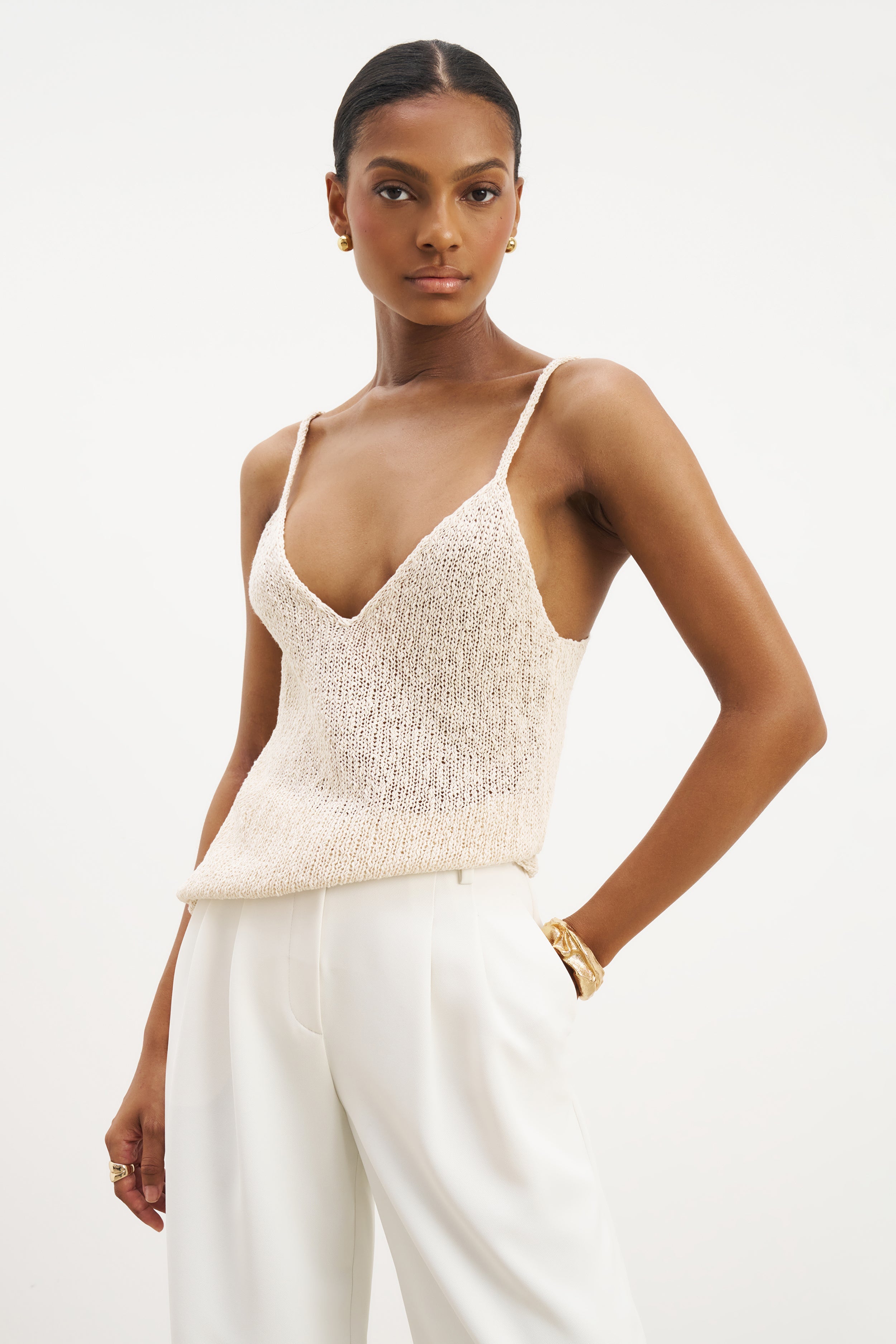 Crochet Knit Plunging Cami Top - Cream