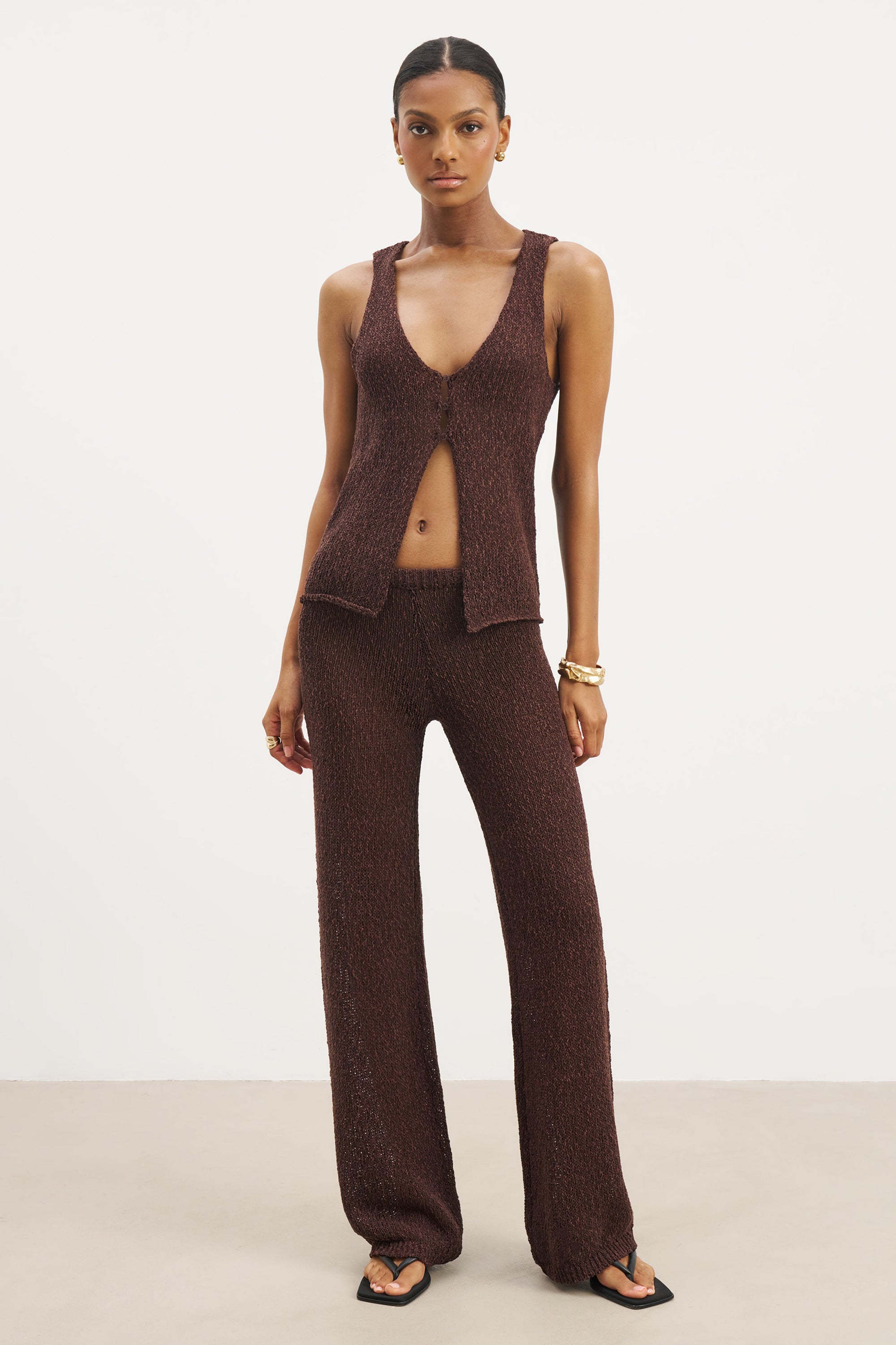 Crochet Knit Wide Leg Trousers - Carob