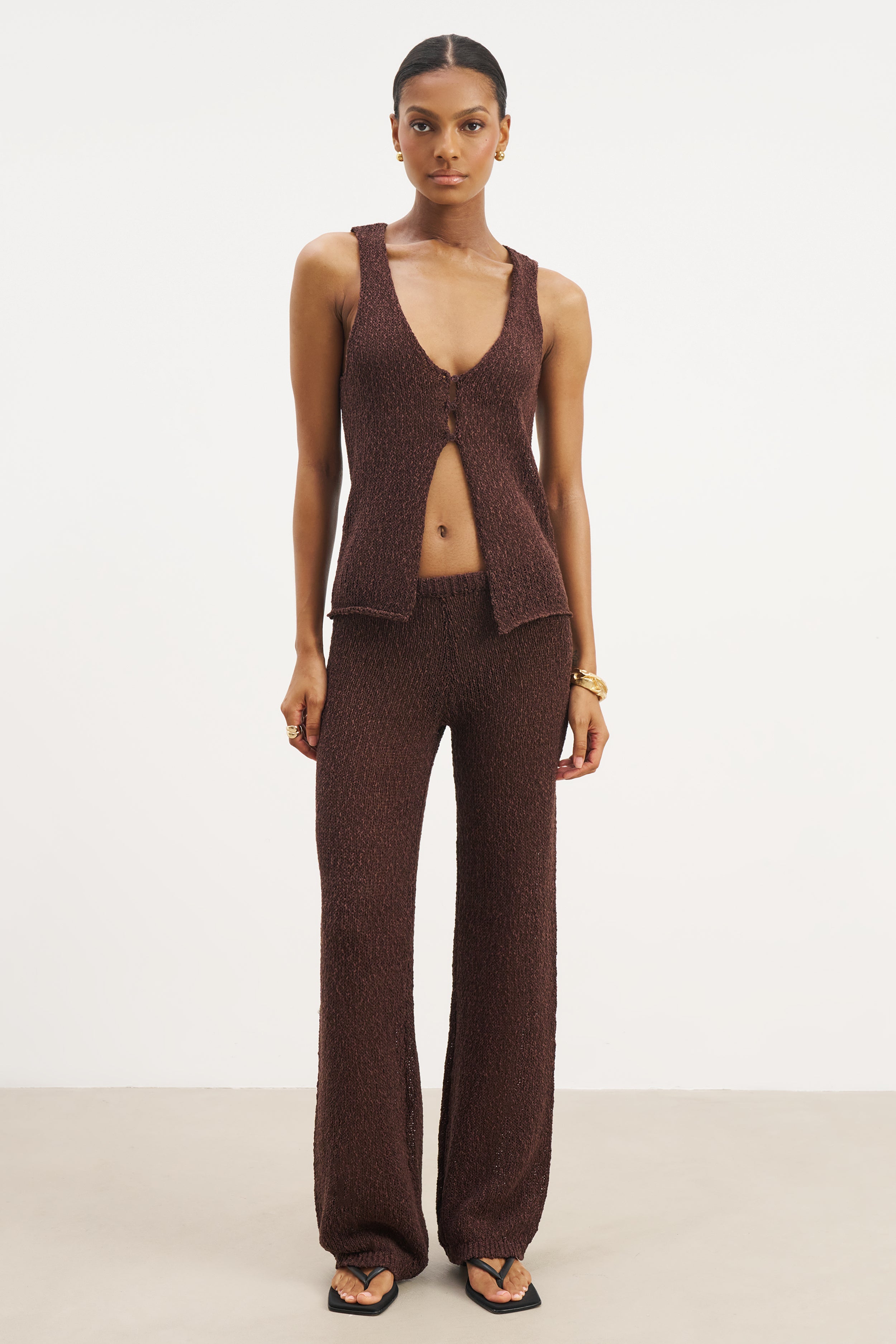 Crochet Knit V Neck Waistcoat - Carob