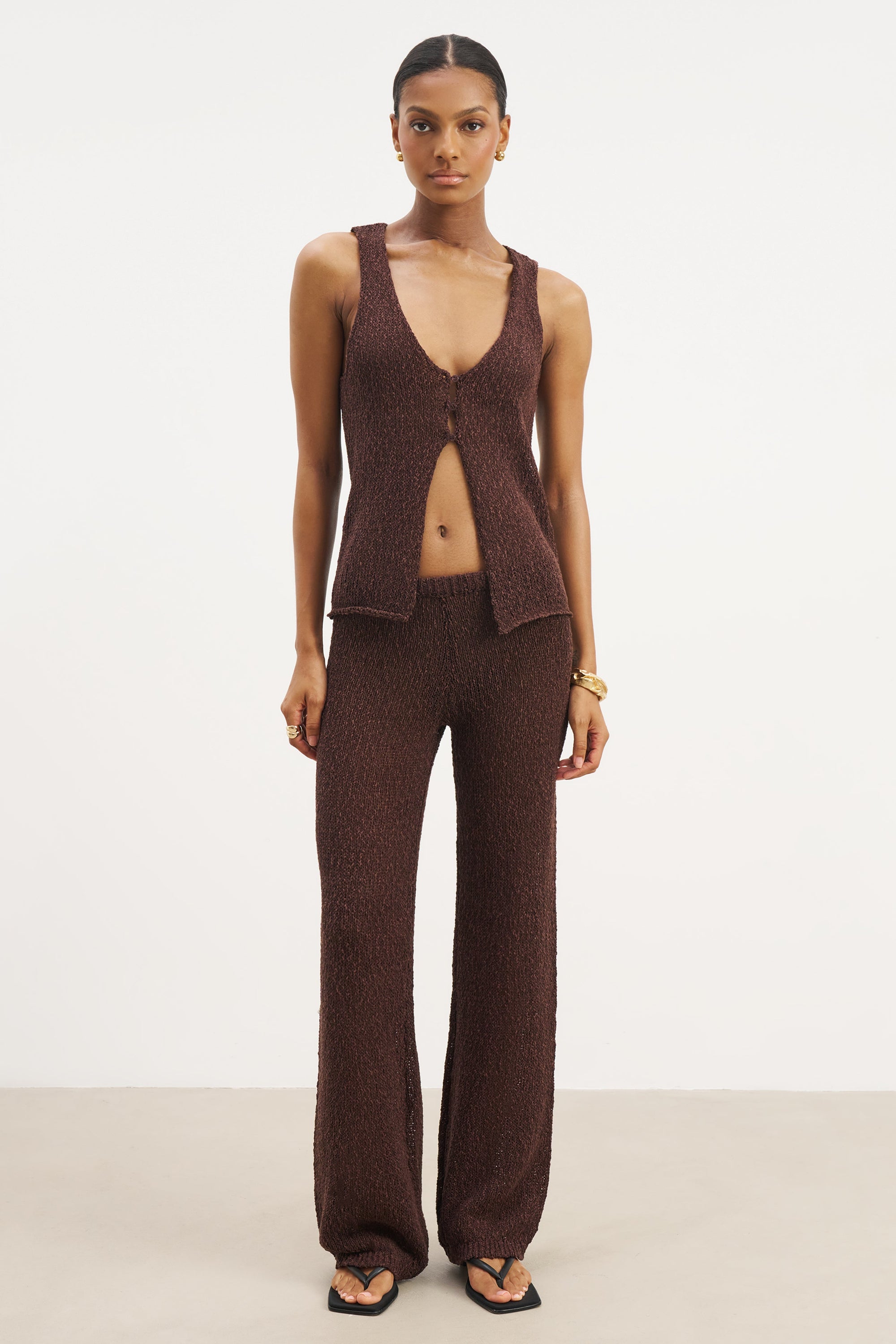 Crochet Knit Wide Leg Trousers - Carob