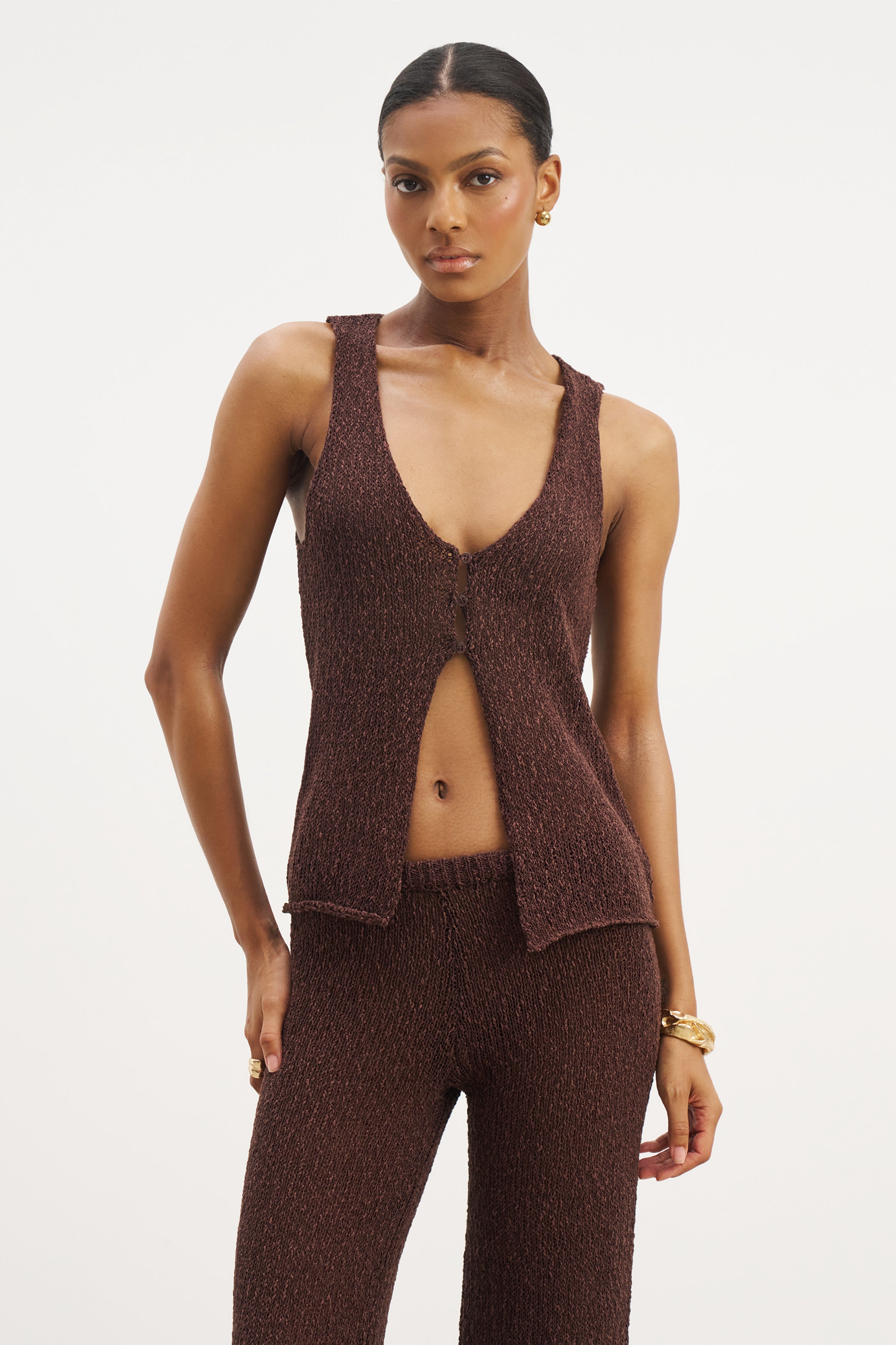 Crochet Knit V Neck Waistcoat - Carob