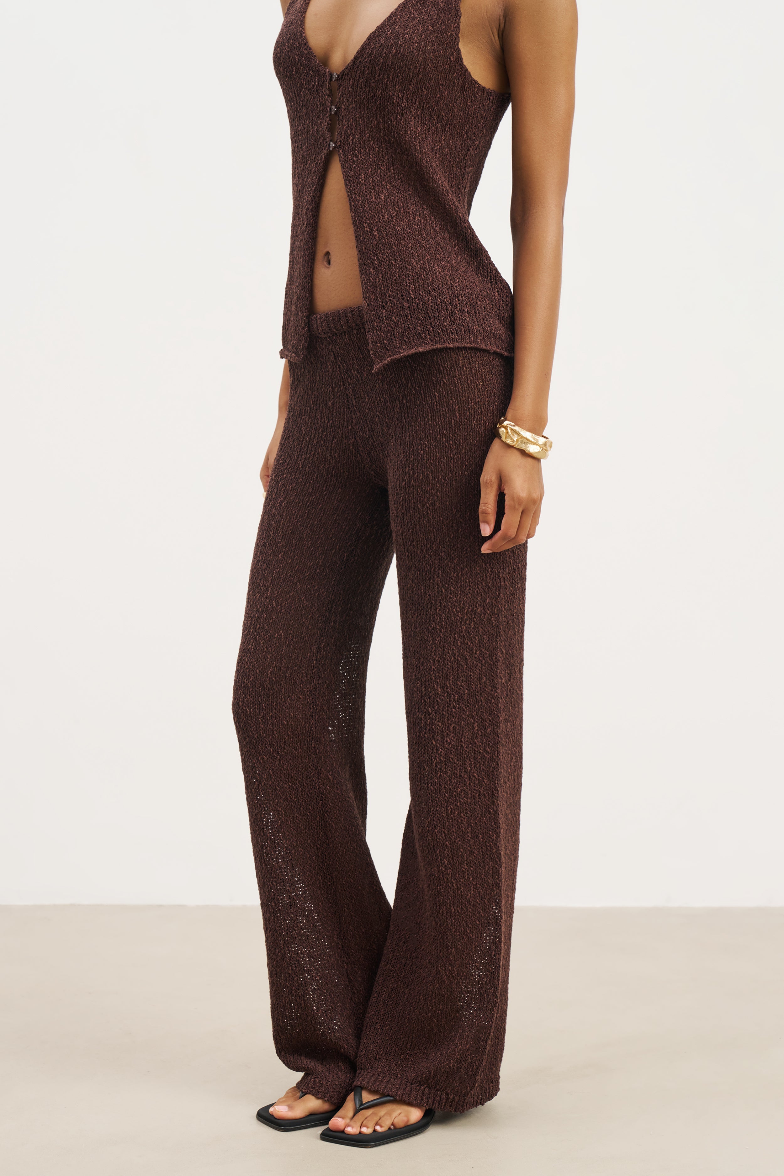 Crochet Knit Wide Leg Trousers - Carob