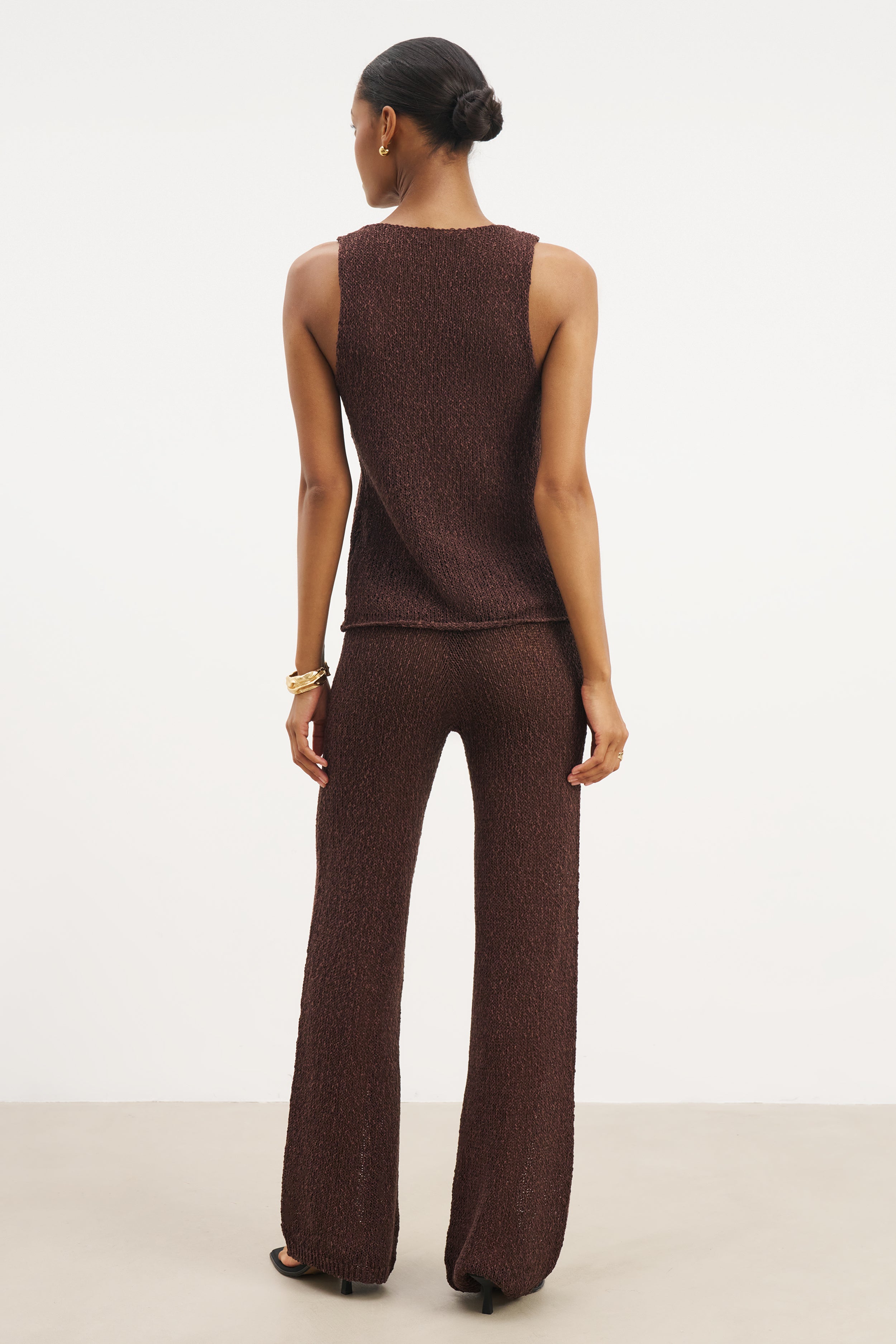 Crochet Knit Wide Leg Trousers - Carob