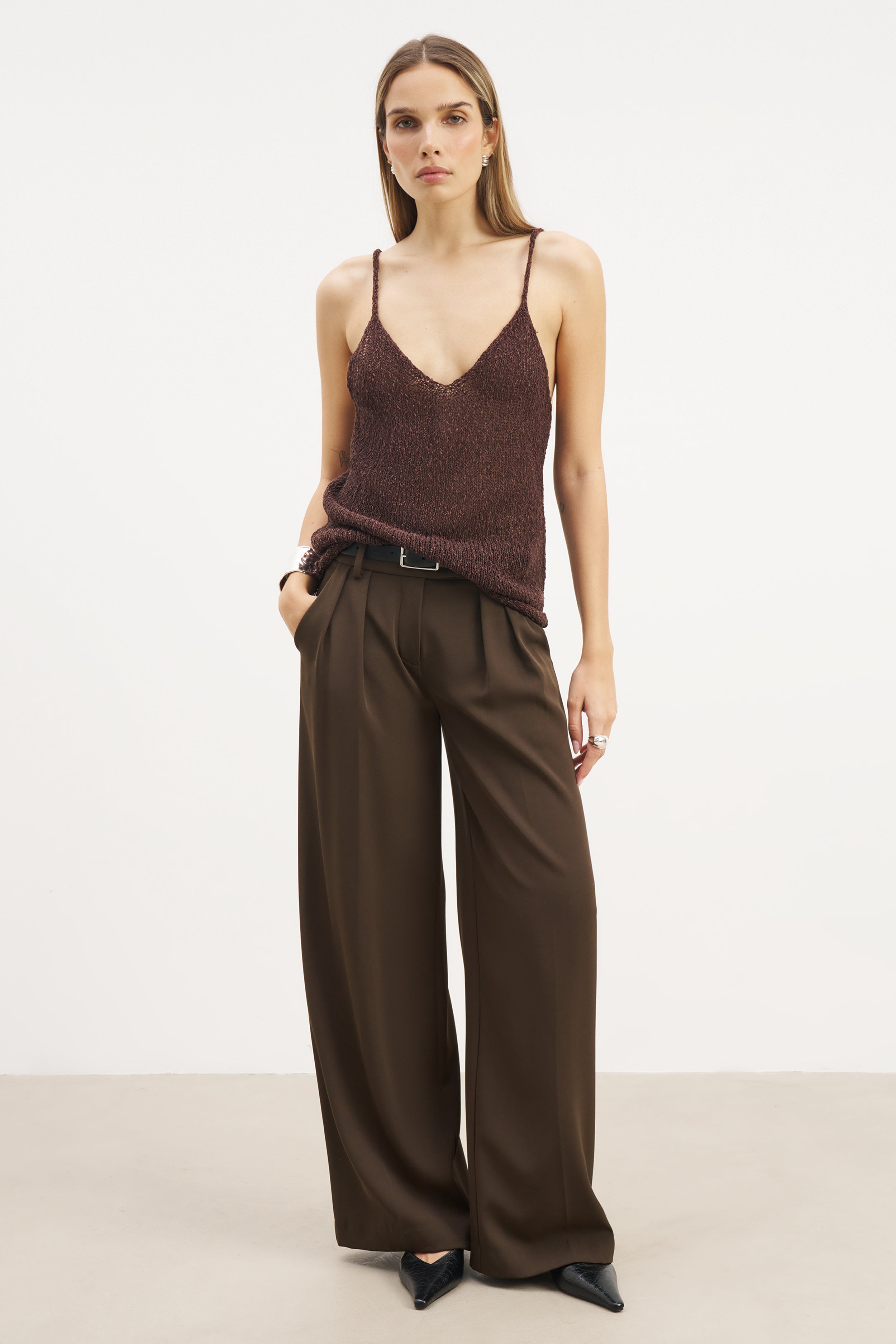 Crochet Knit Plunging Cami Top - Carob