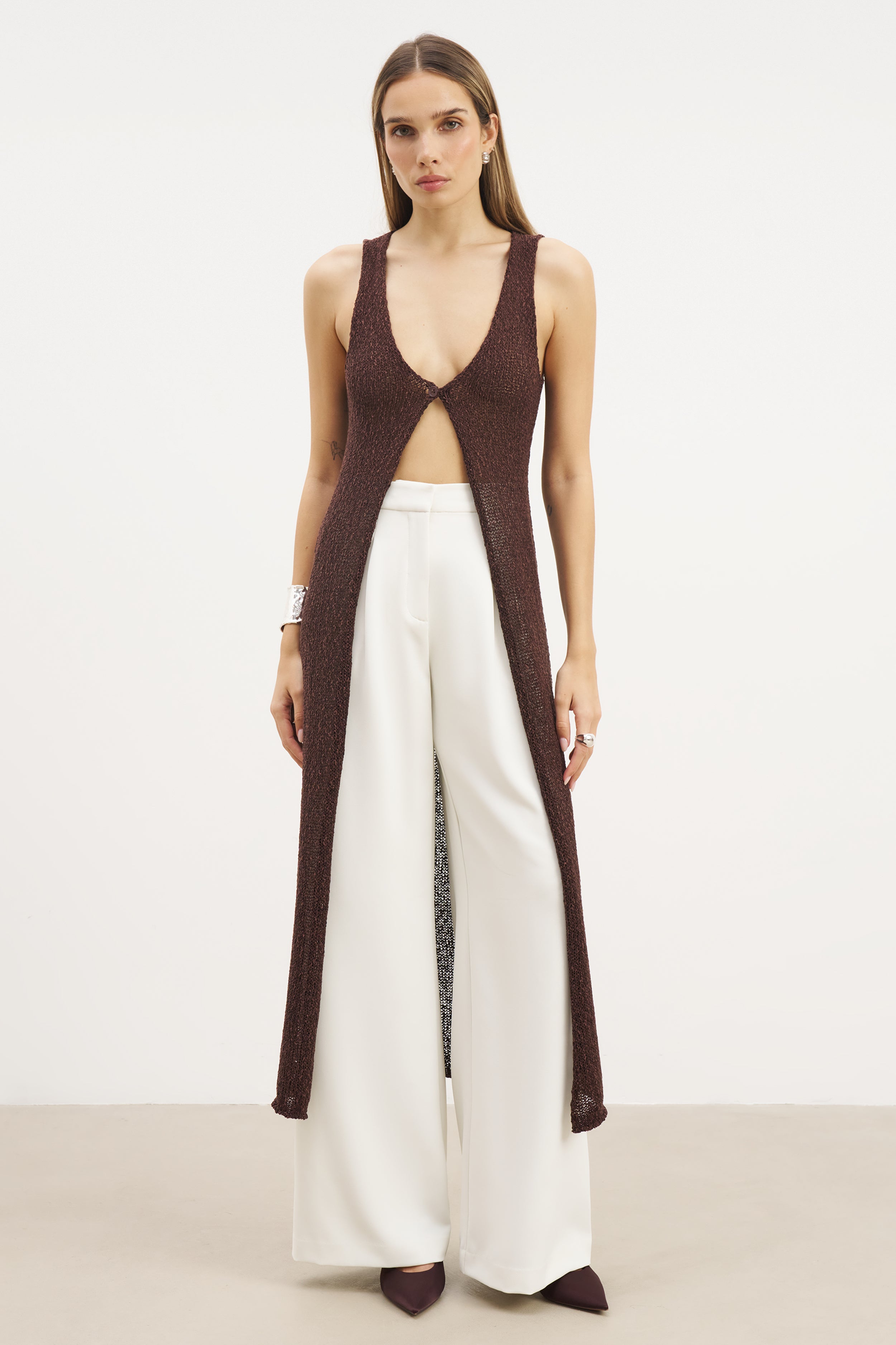 Crochet Knit V Neck Maxi Waistcoat - Carob