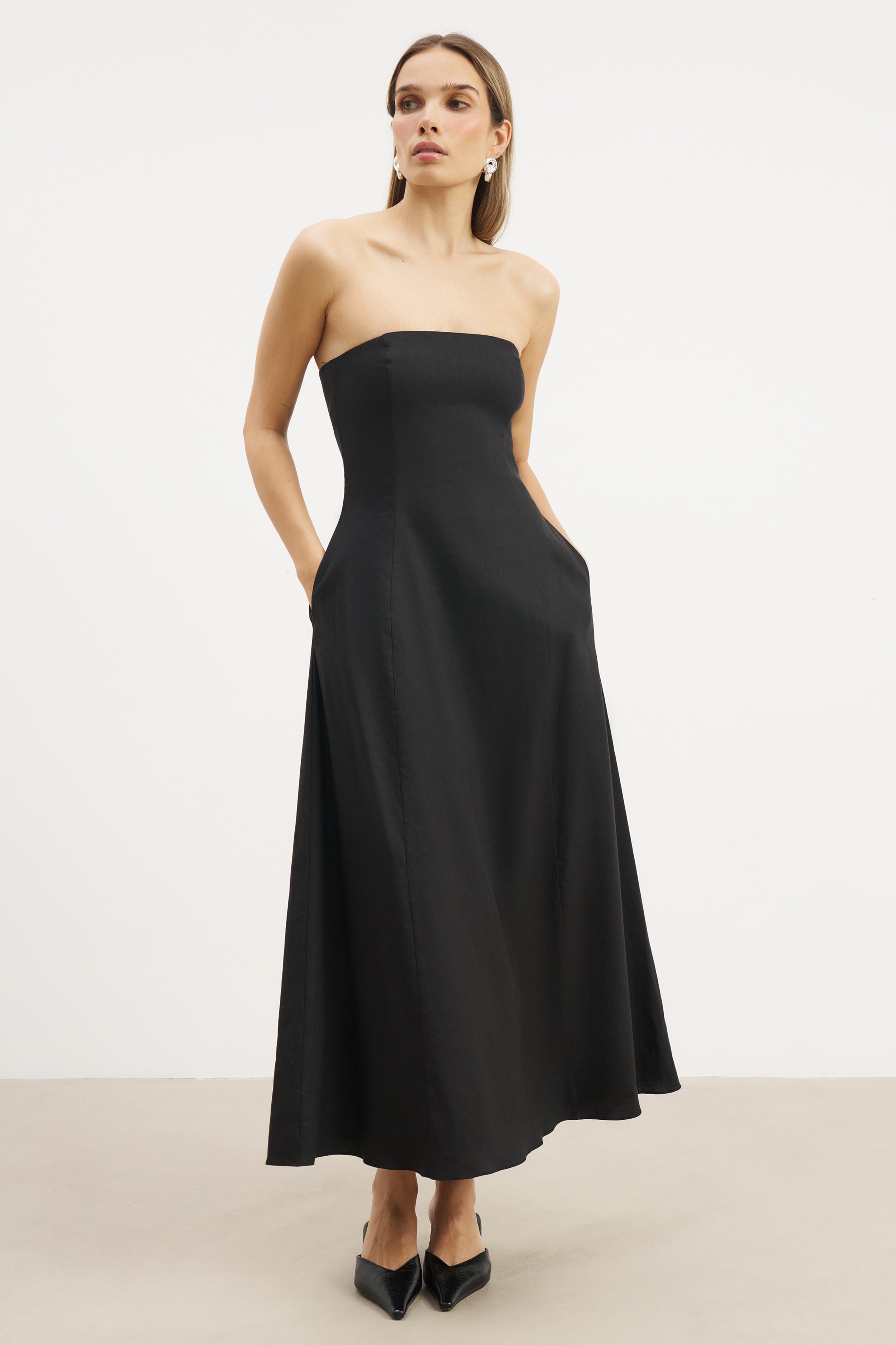 Strapless Linen A Line Maxi Dress - Black