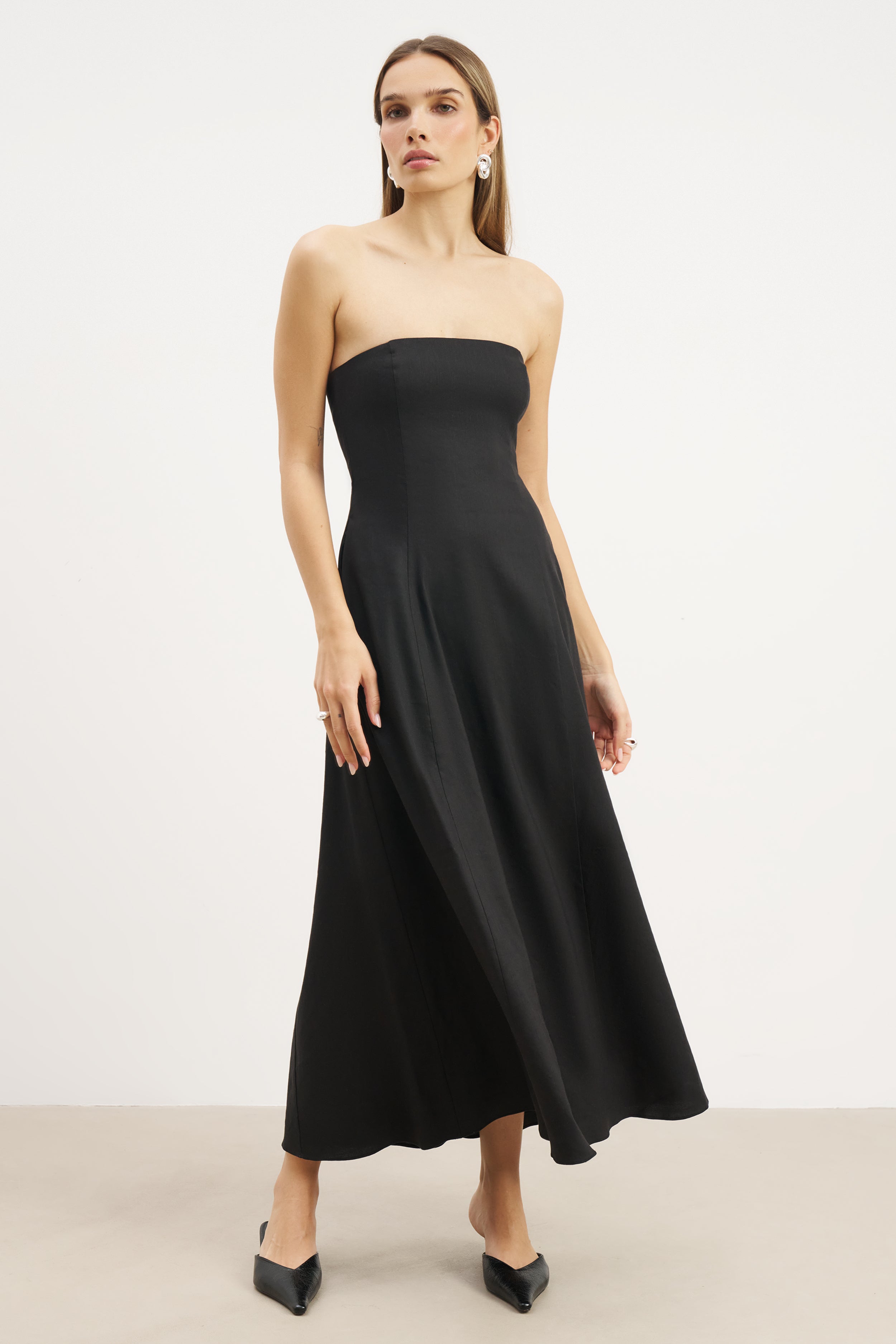 Strapless Linen A Line Maxi Dress - Black