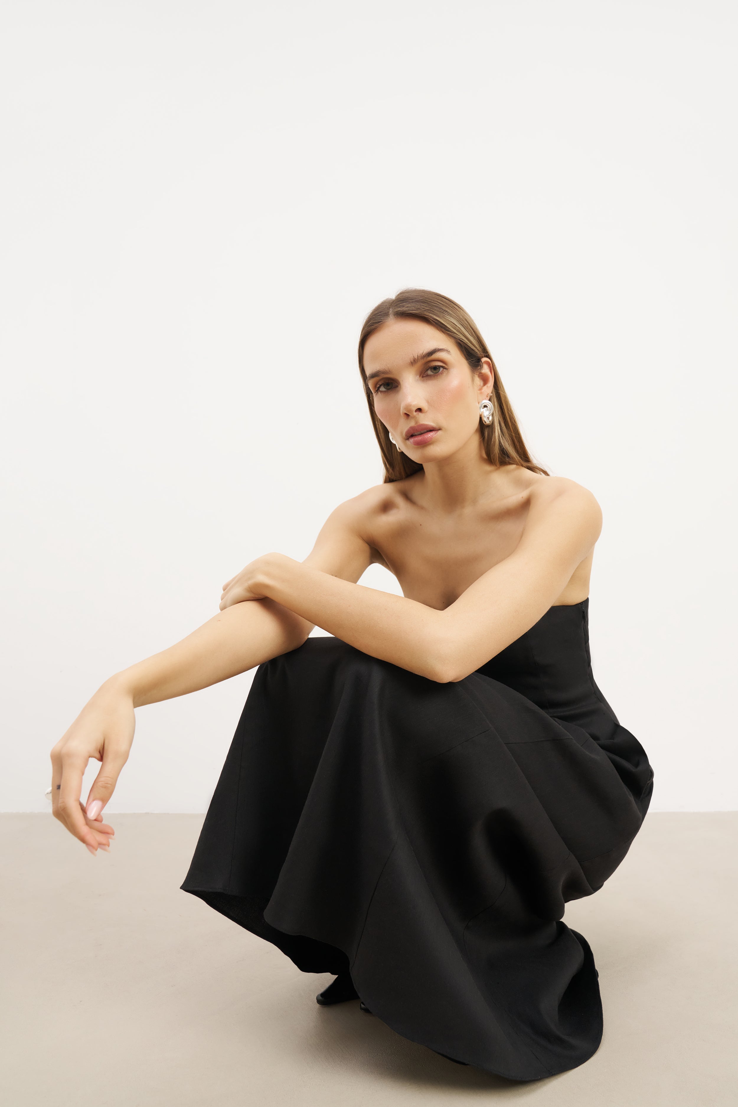 Strapless Linen A Line Maxi Dress - Black