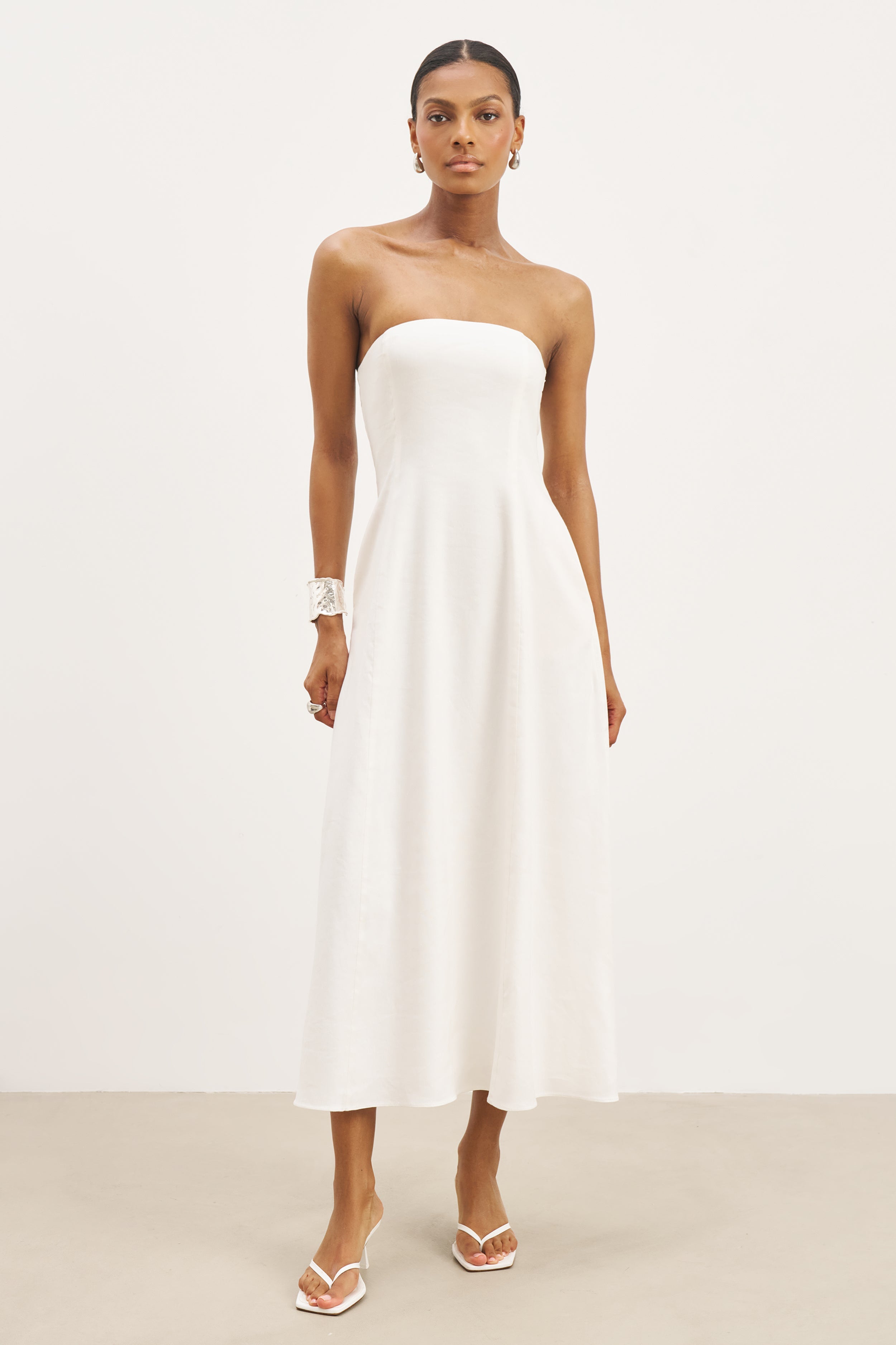 Strapless Linen A Line Maxi Dress - White