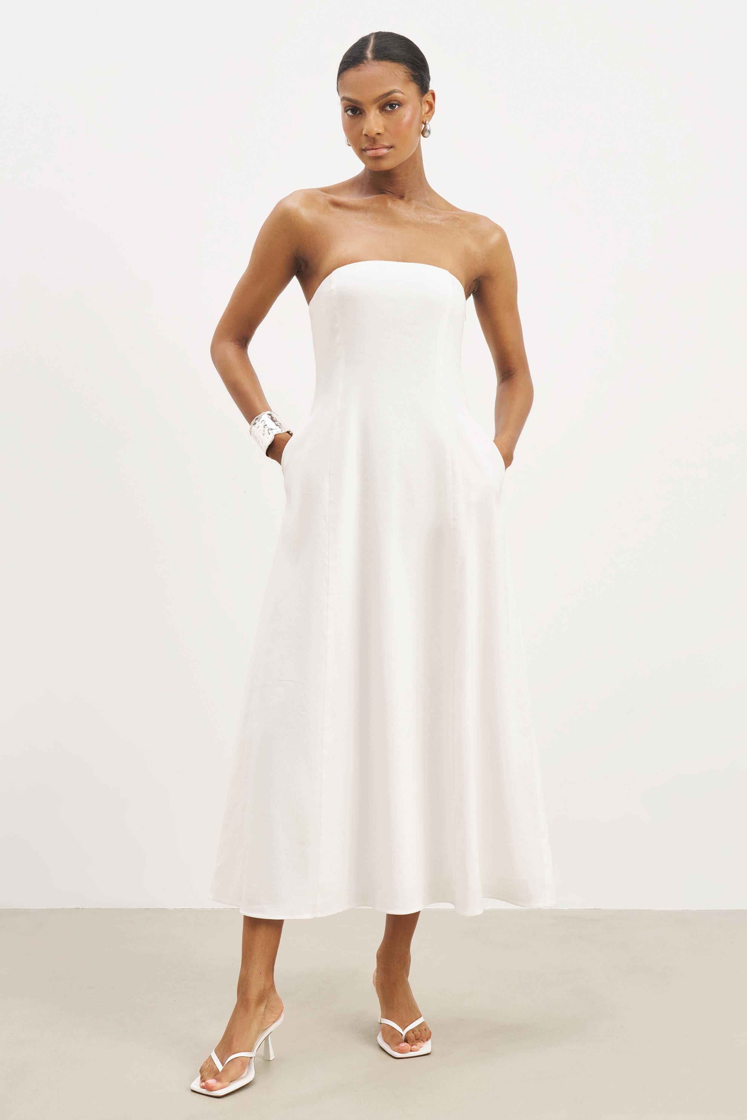 Strapless Linen A Line Maxi Dress - White
