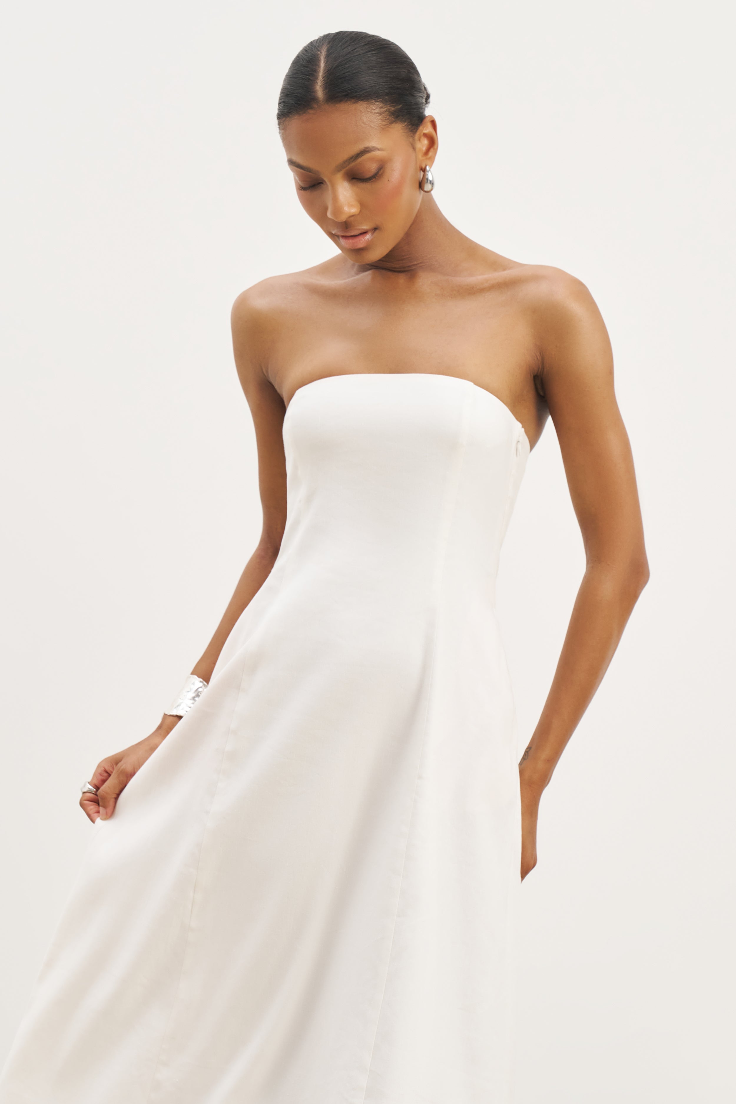 Strapless Linen A Line Maxi Dress - White