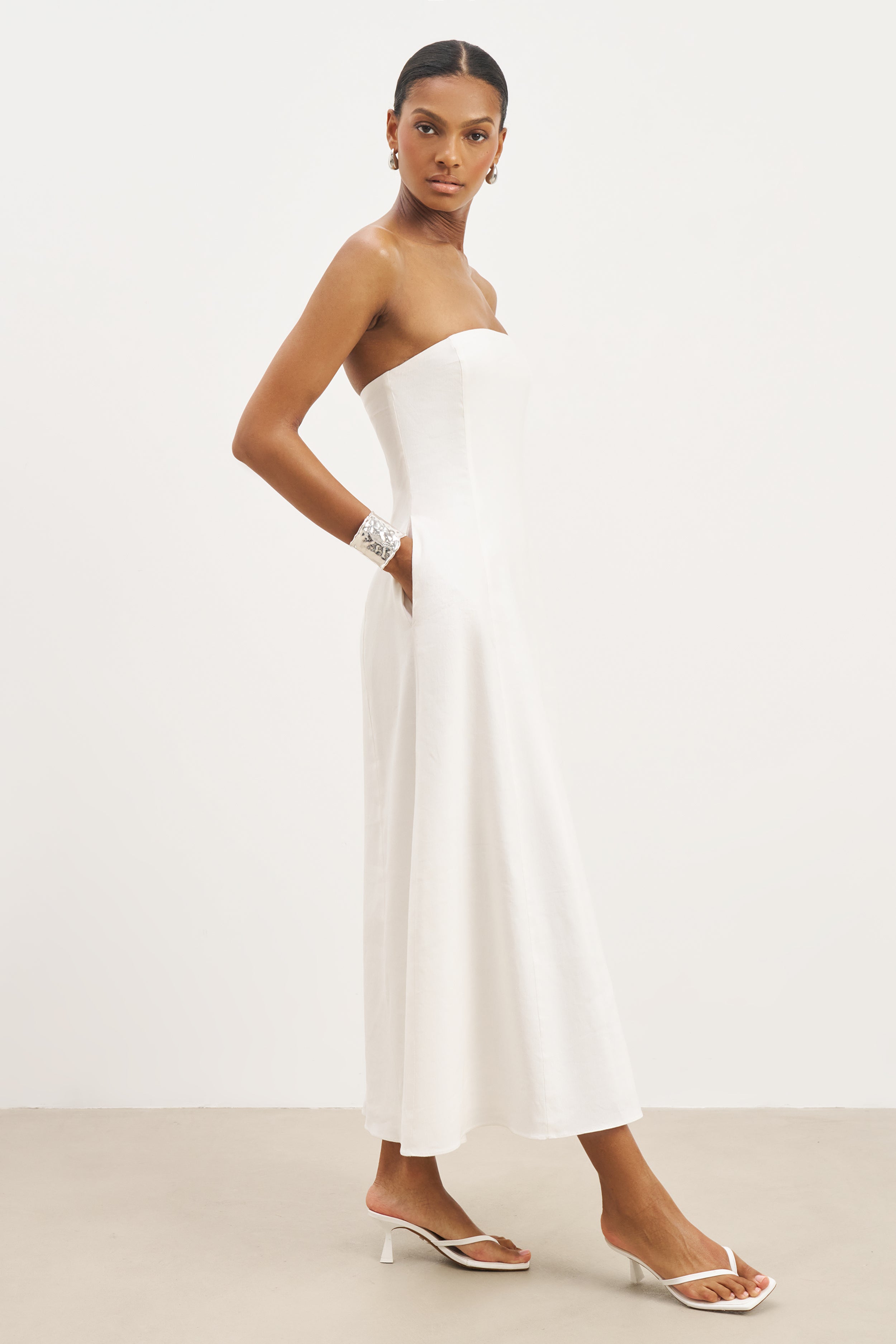 Strapless Linen A Line Maxi Dress - White