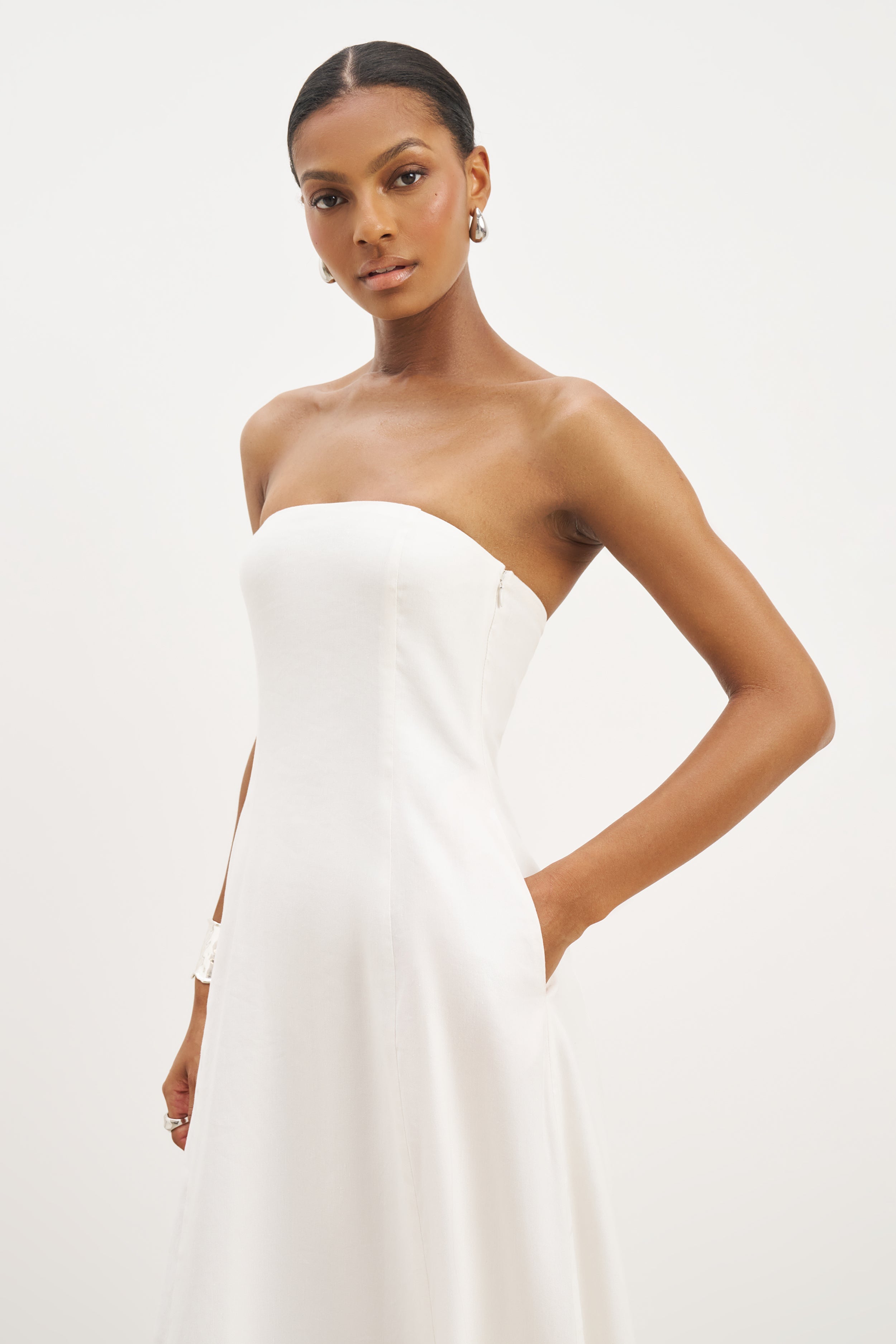 Strapless Linen A Line Maxi Dress - White