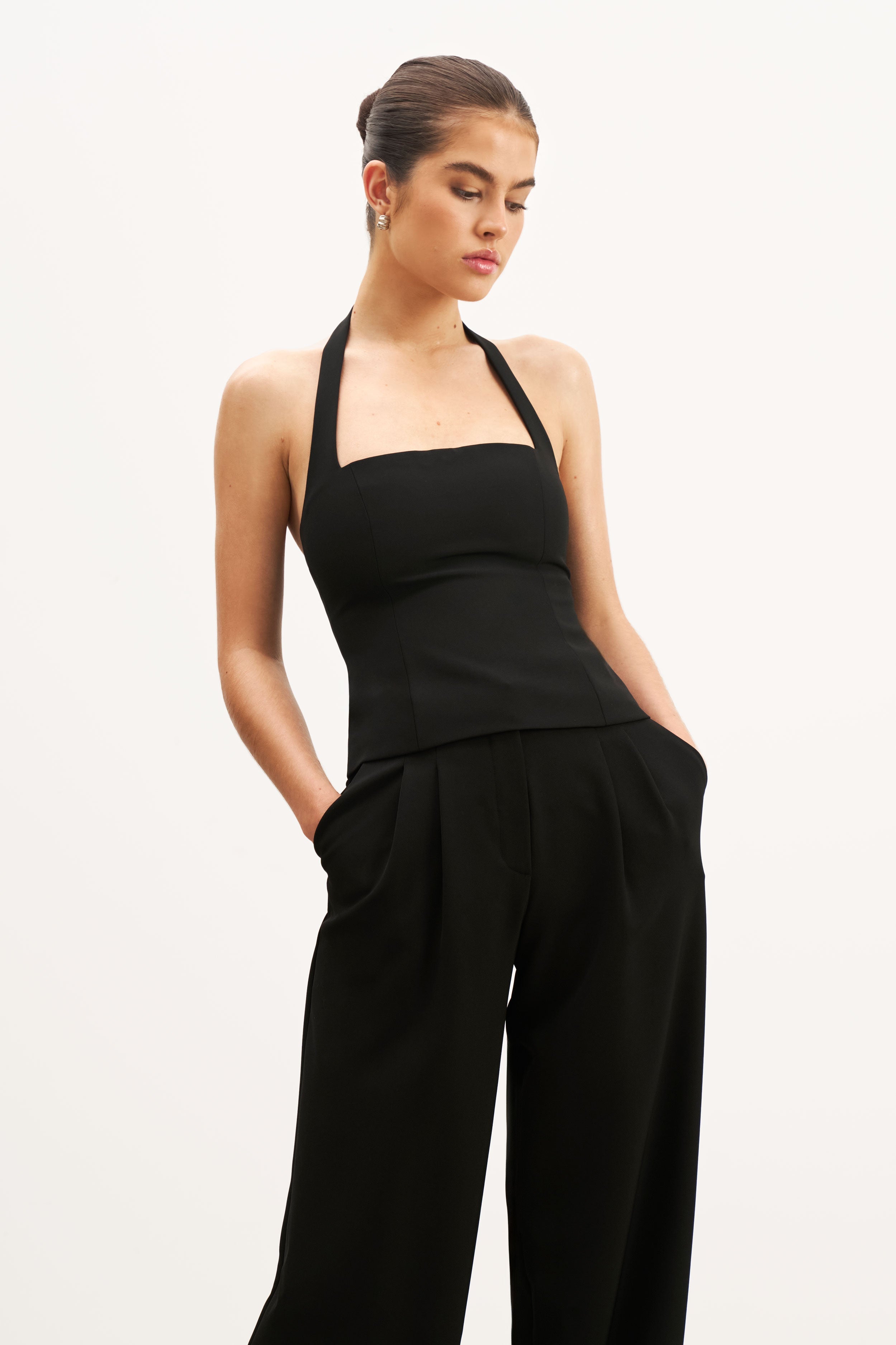 Effortless Tailored Halter Bodice Top - Black