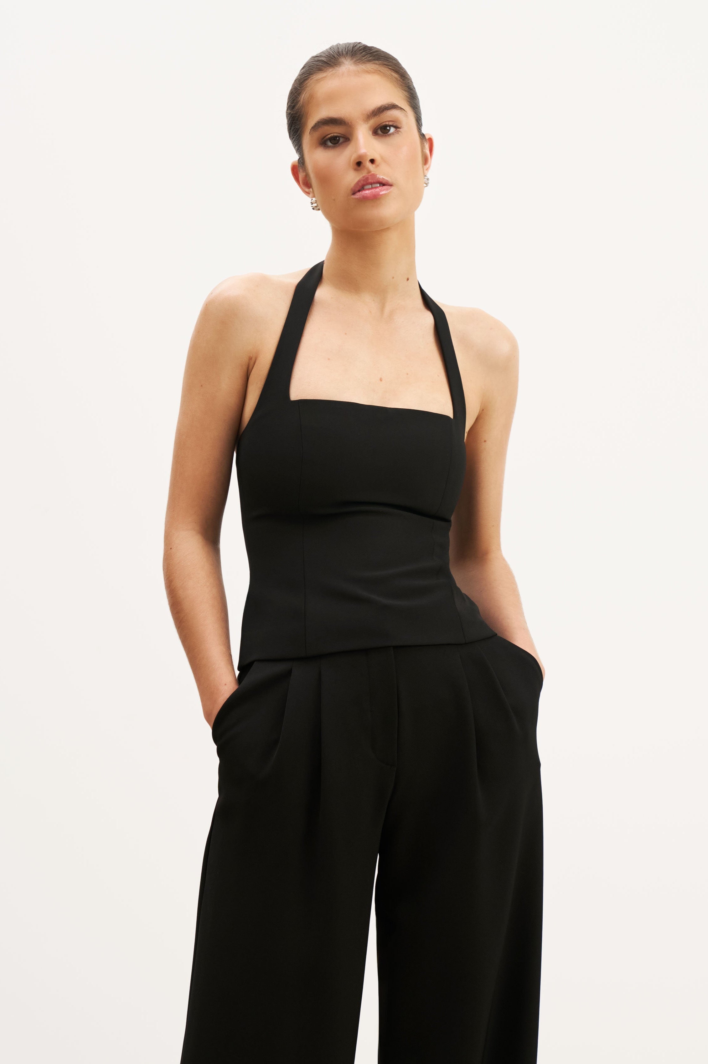 Effortless Tailored Halter Bodice Top - Black