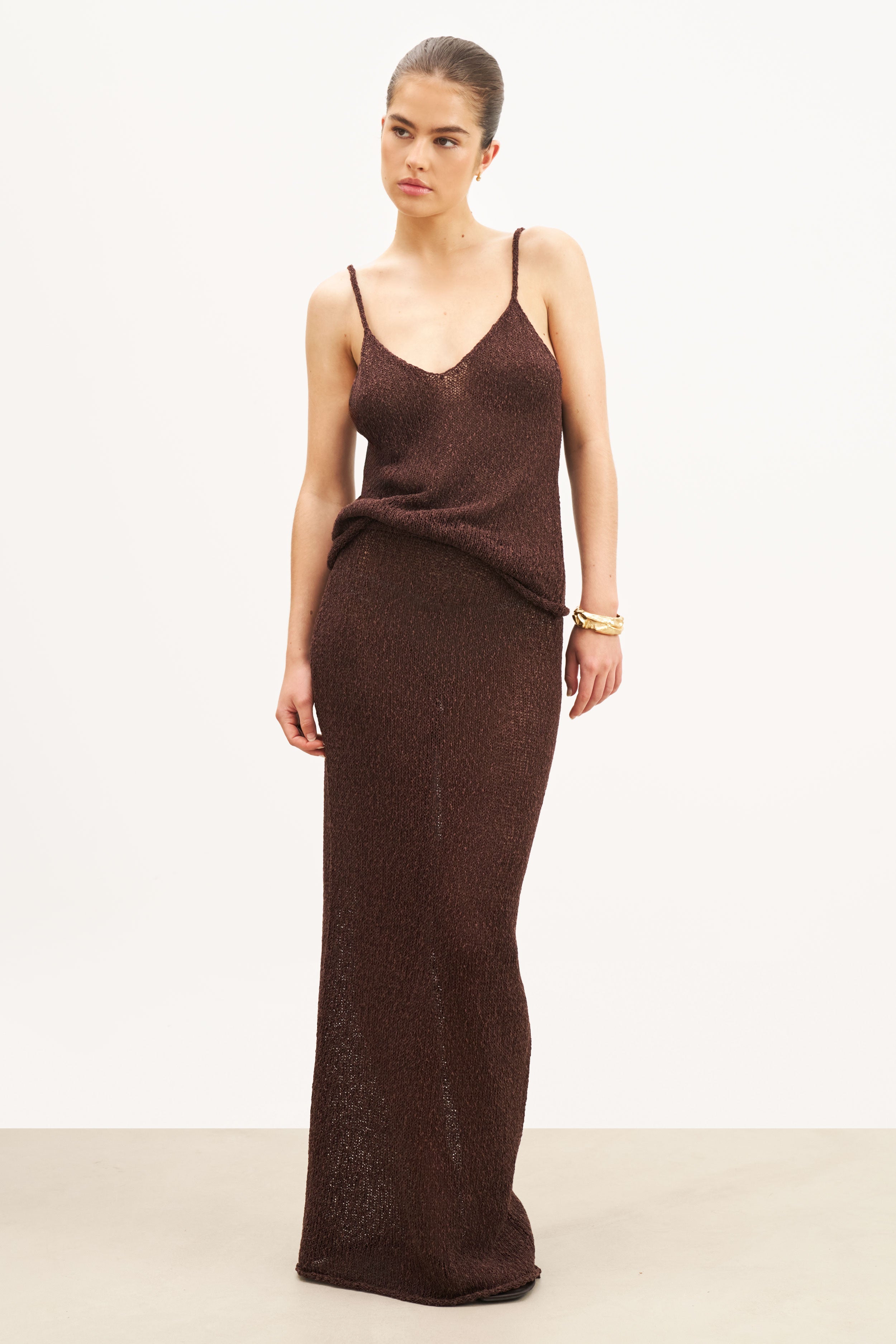 Crochet Knit Plunging Cami Top - Carob