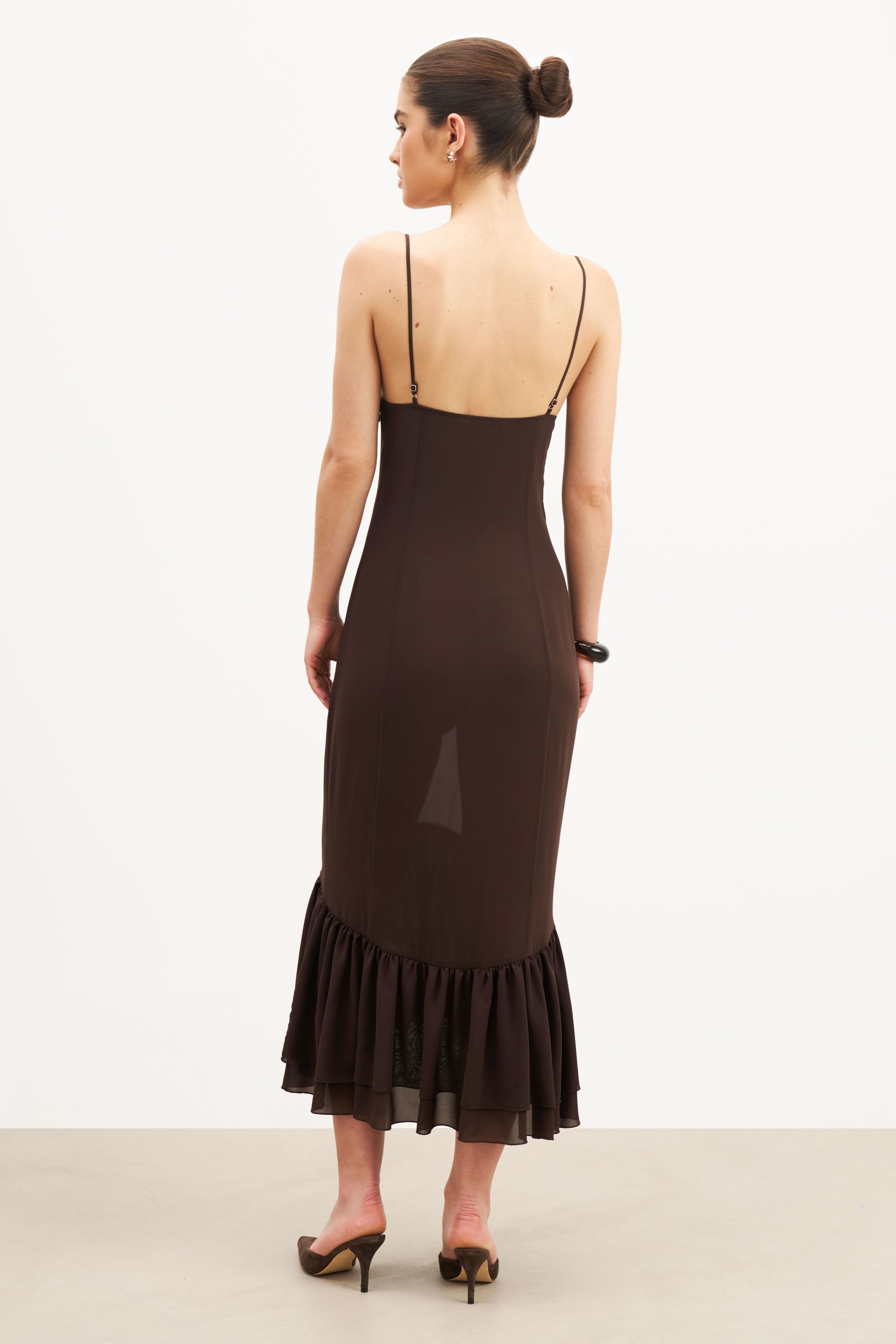 Chiffon Ruffle Ruched Bust Midi Dress - Carob