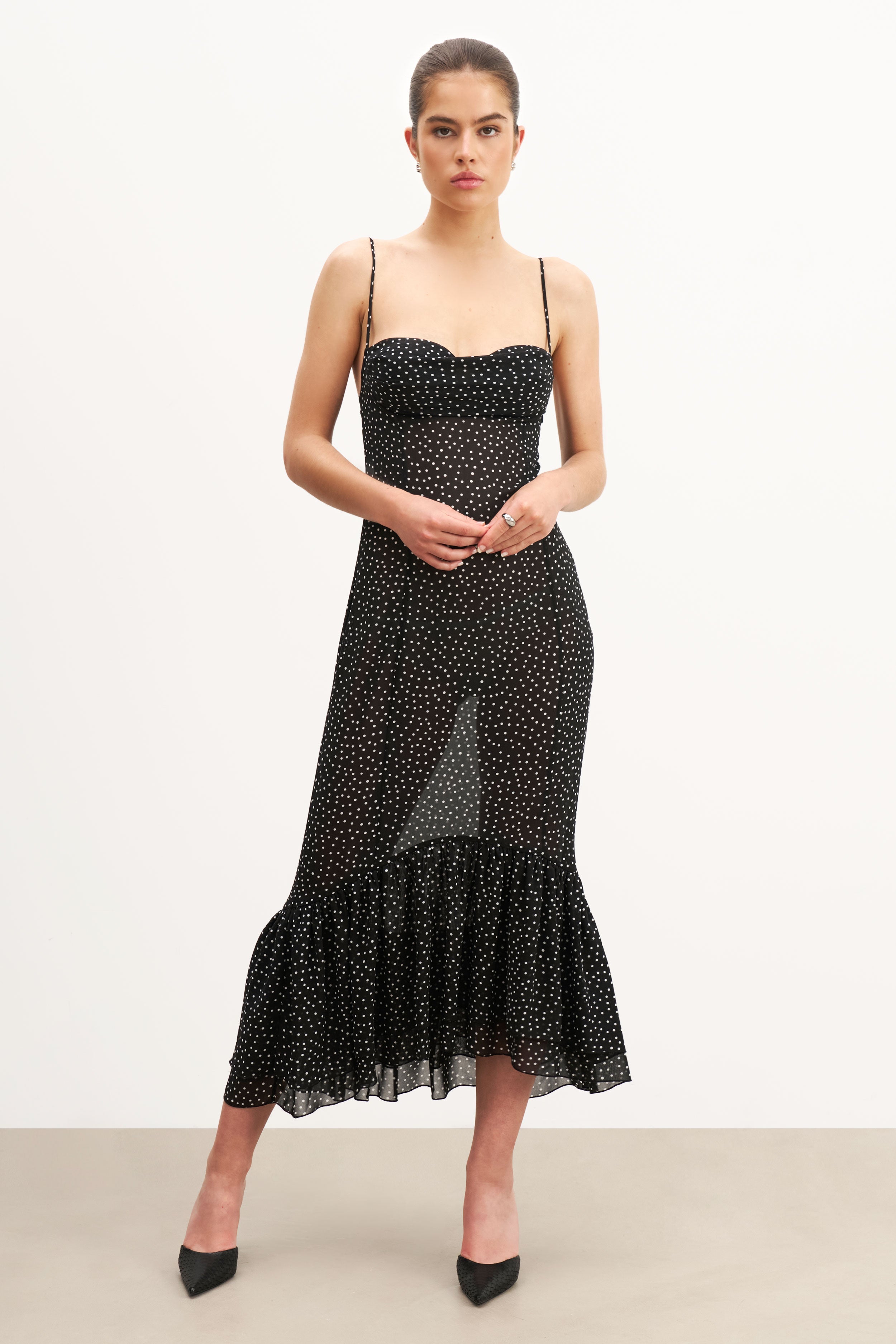 Chiffon Ruffle Ruched Bust Midi Dress - Mini Polka Dot