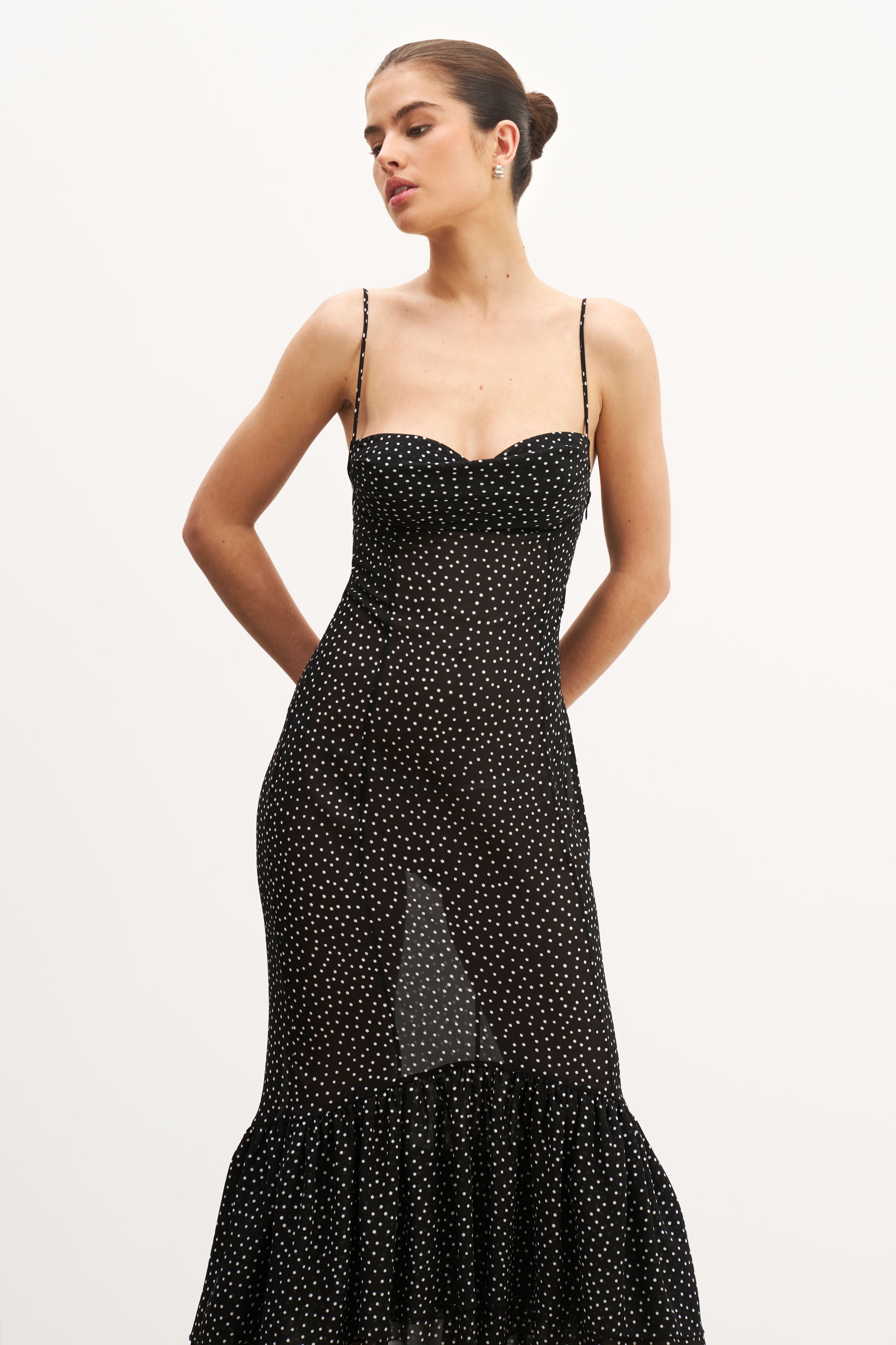 Chiffon Ruffle Ruched Bust Midi Dress - Mini Polka Dot