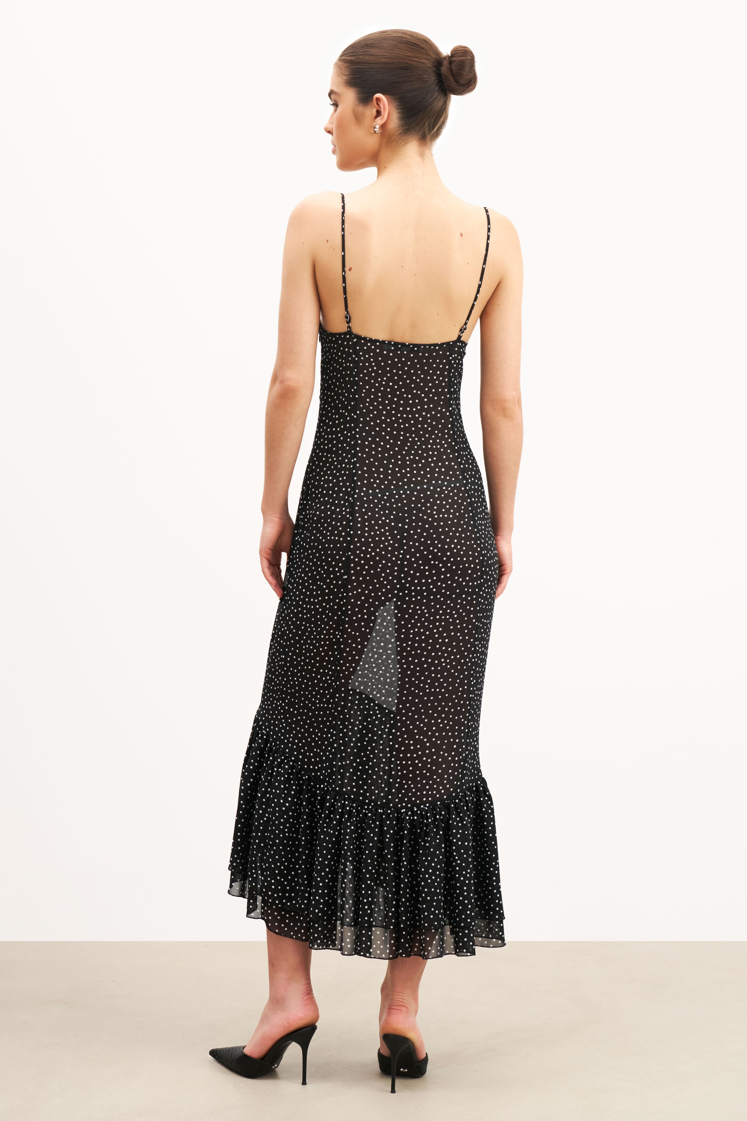 Chiffon Ruffle Ruched Bust Midi Dress - Mini Polka Dot