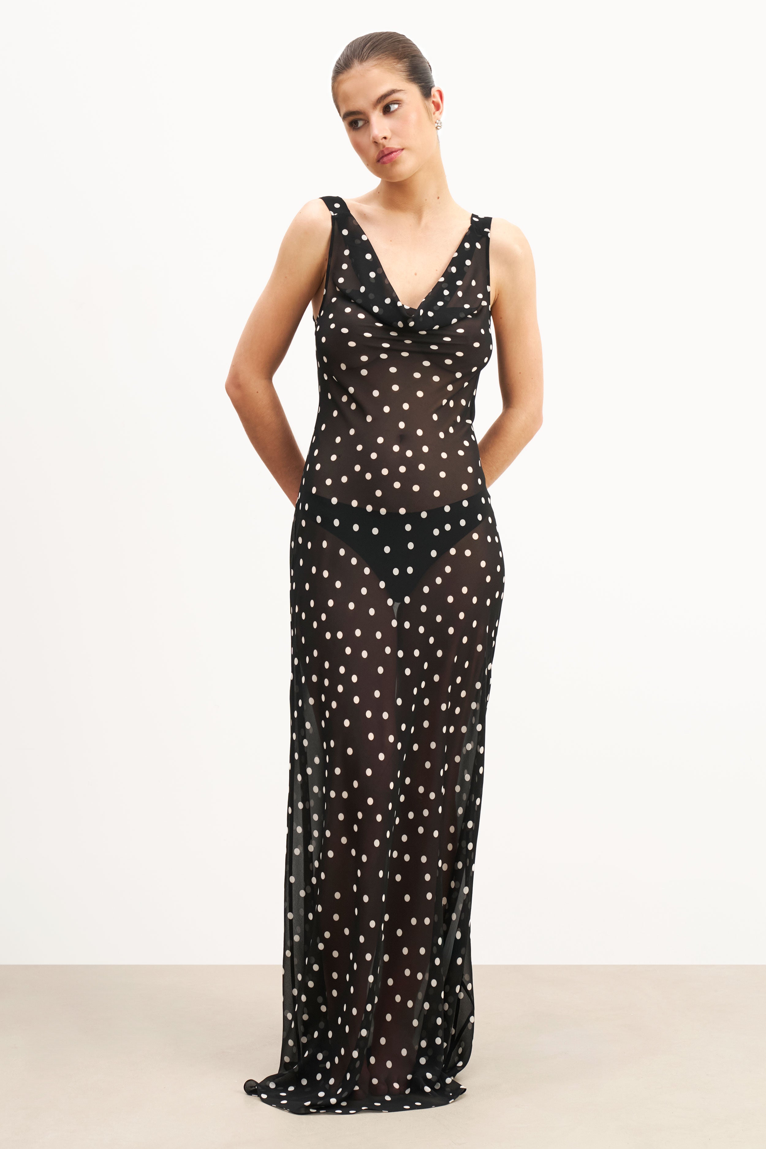 Chiffon Cowl Neck Gown - Maxi Polka Dot