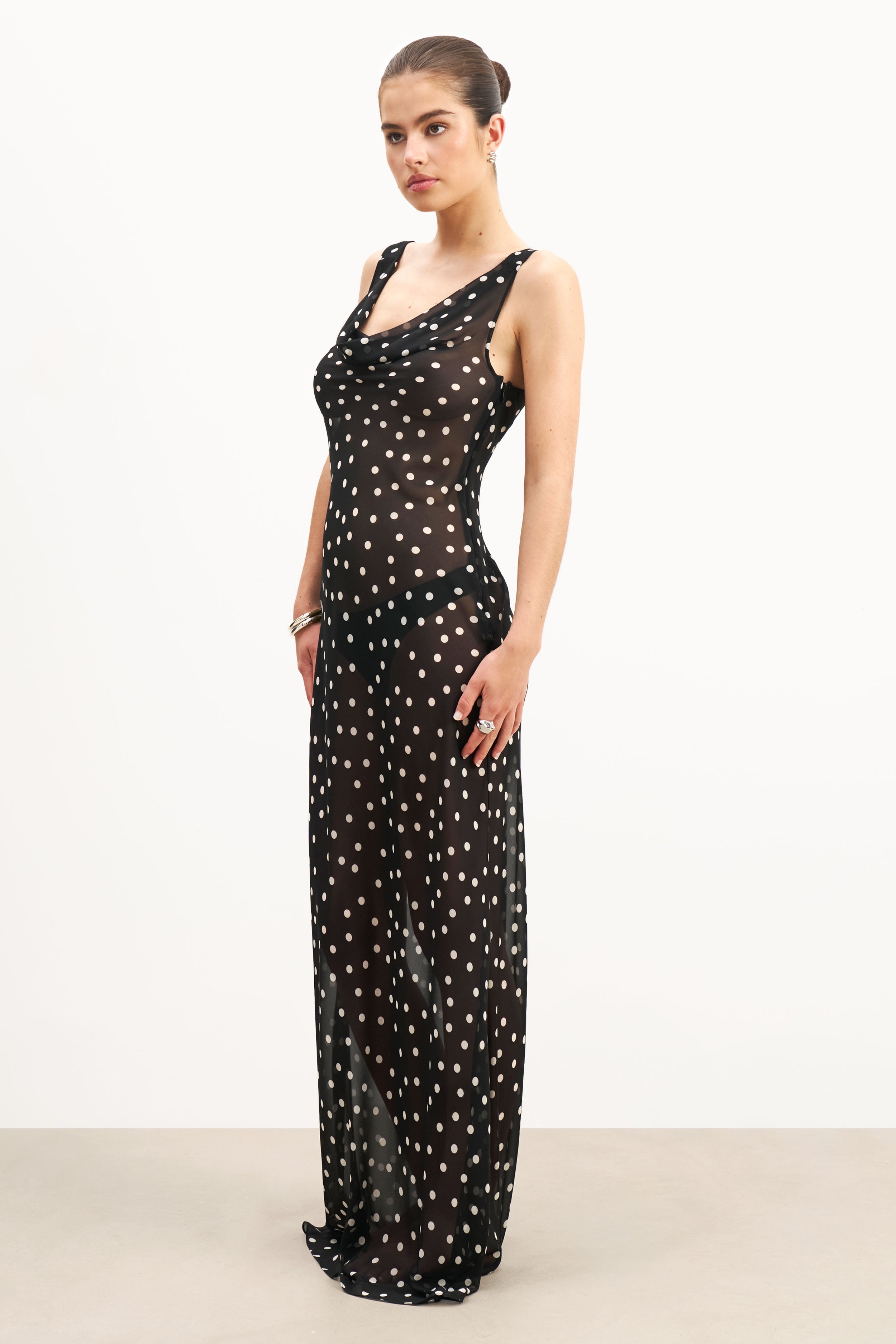 Chiffon Cowl Neck Gown - Maxi Polka Dot