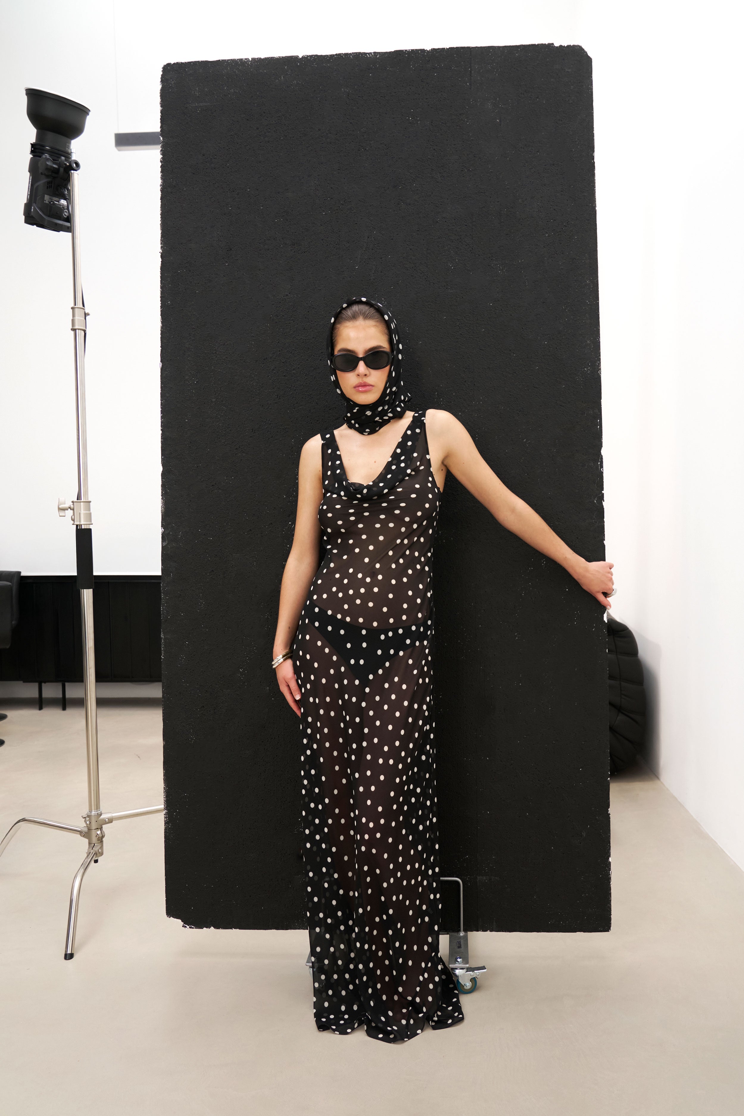 Chiffon Cowl Neck Gown - Maxi Polka Dot