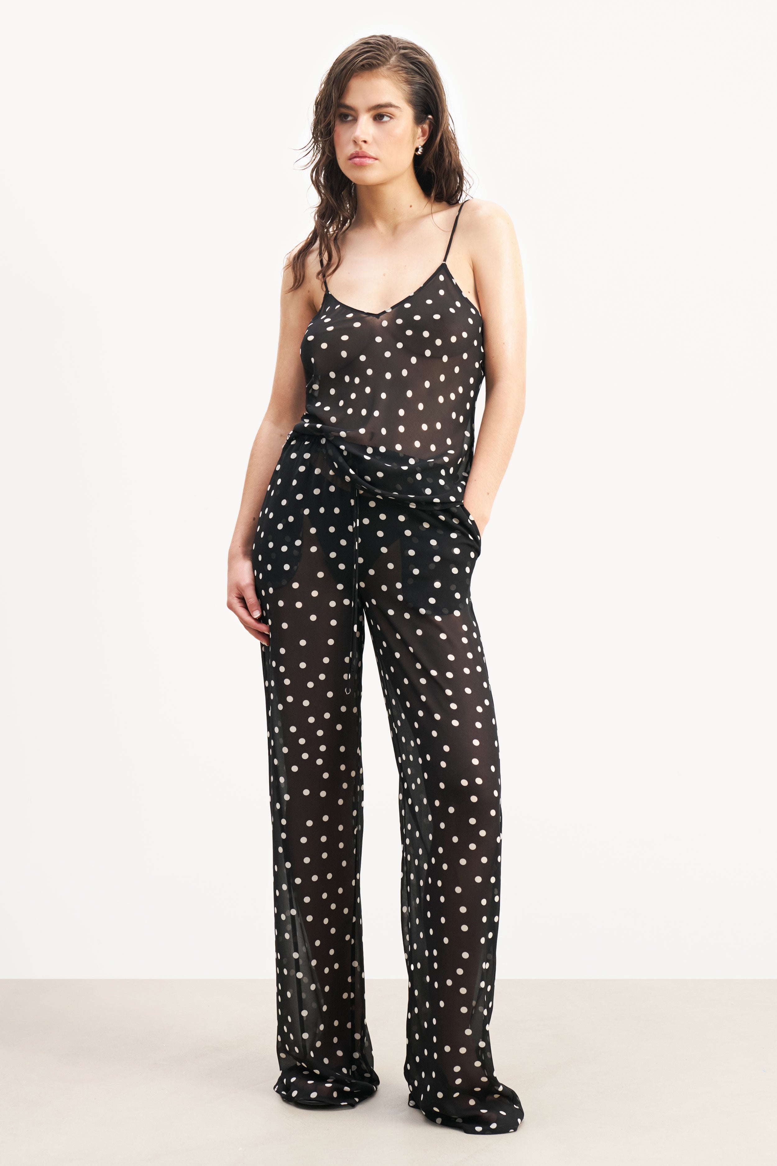 Chiffon Relaxed Wide Leg Trousers - Maxi Polka Dot