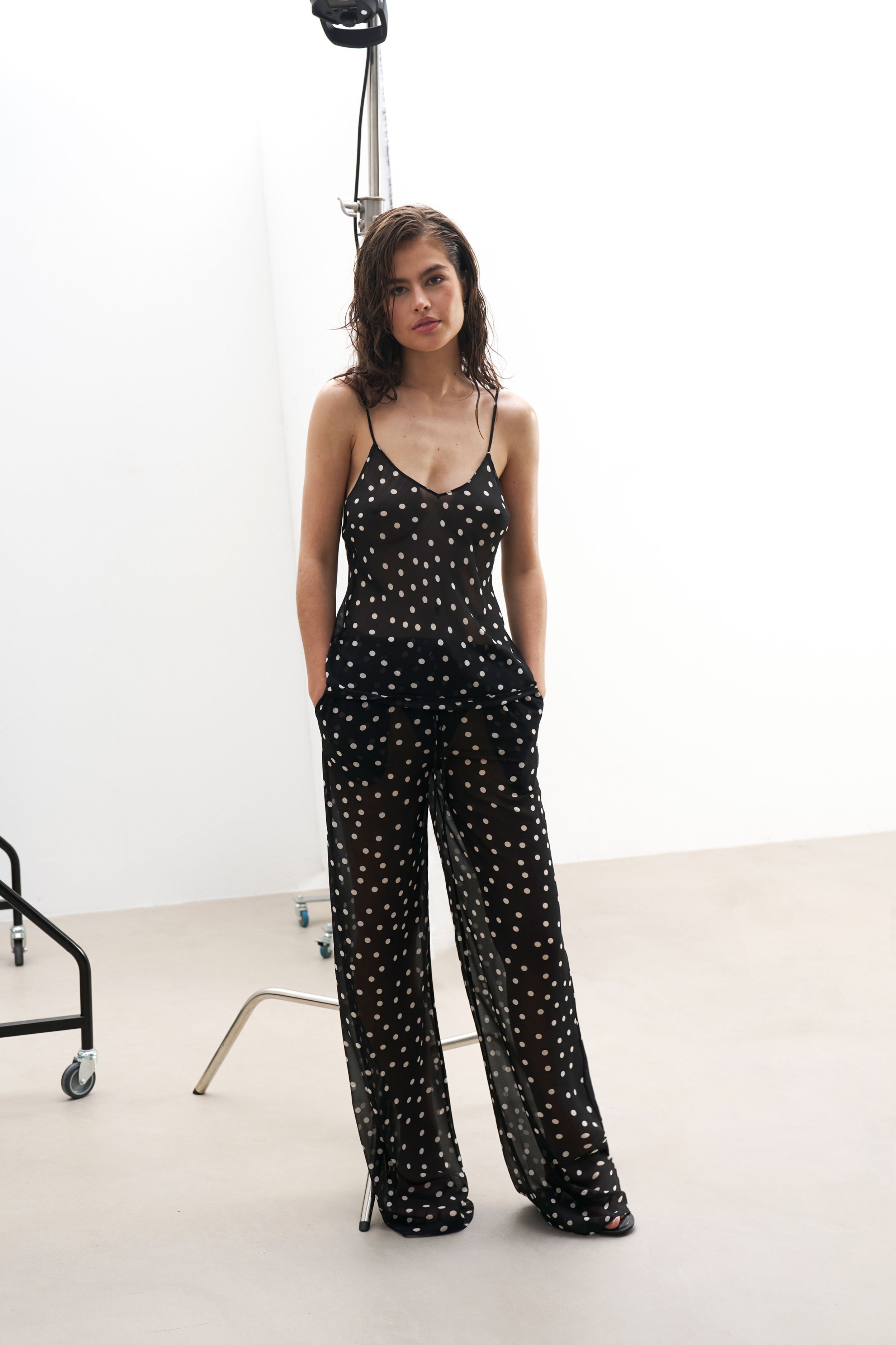 Chiffon Relaxed Wide Leg Trousers - Maxi Polka Dot