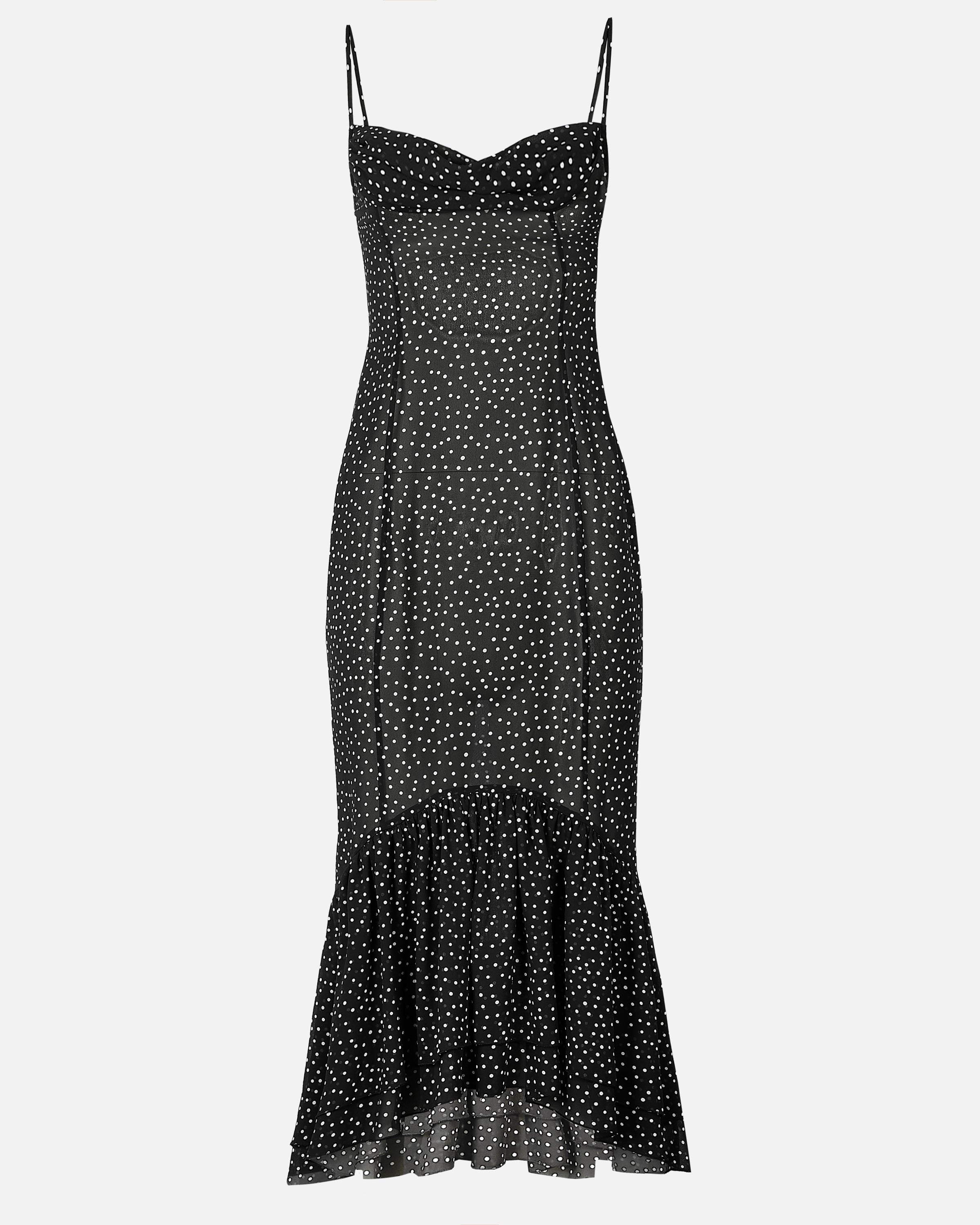 Chiffon Ruffle Ruched Bust Midi Dress - Mini Polka Dot