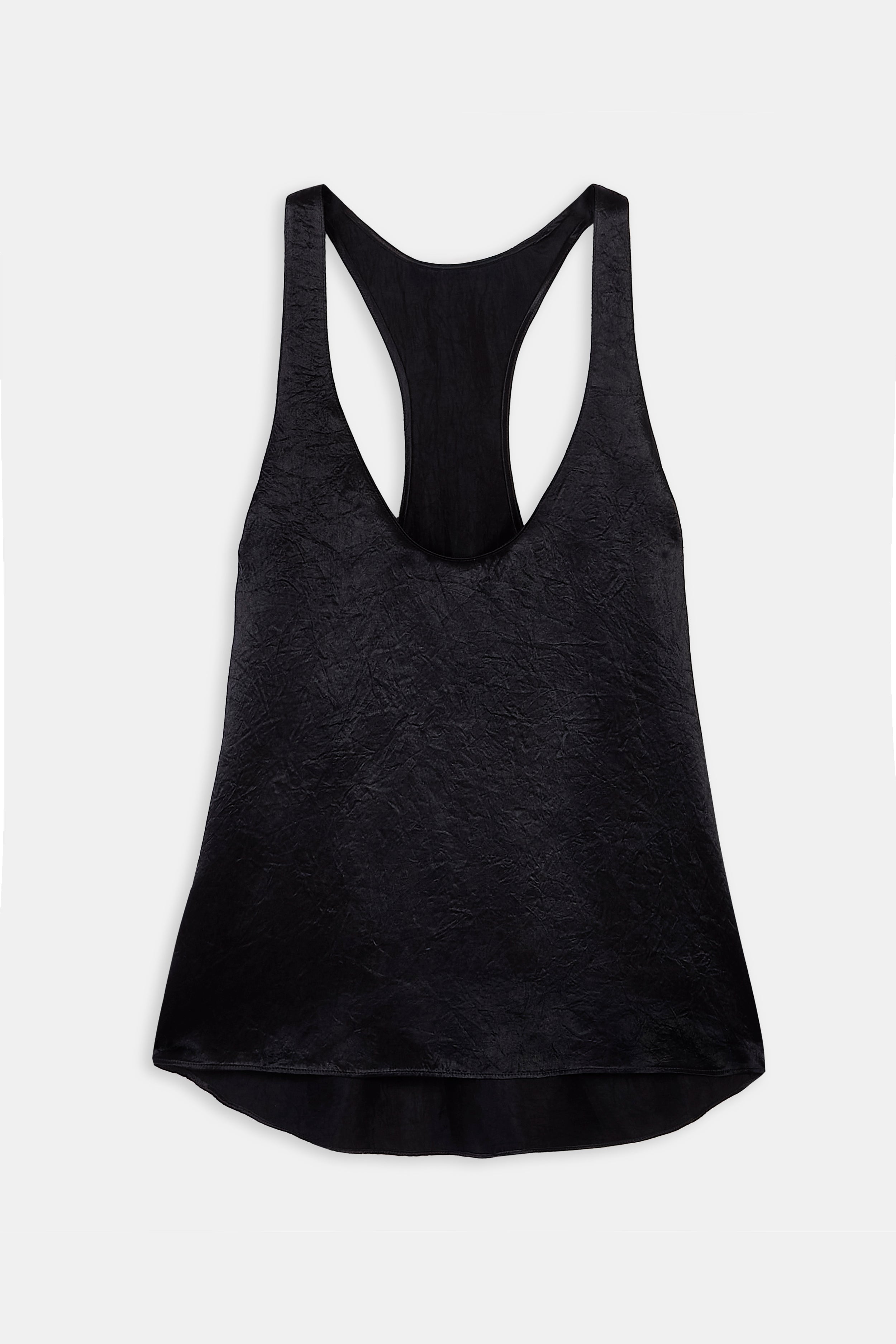 Crushed Satin Plunge U Neck Tank Top - Black