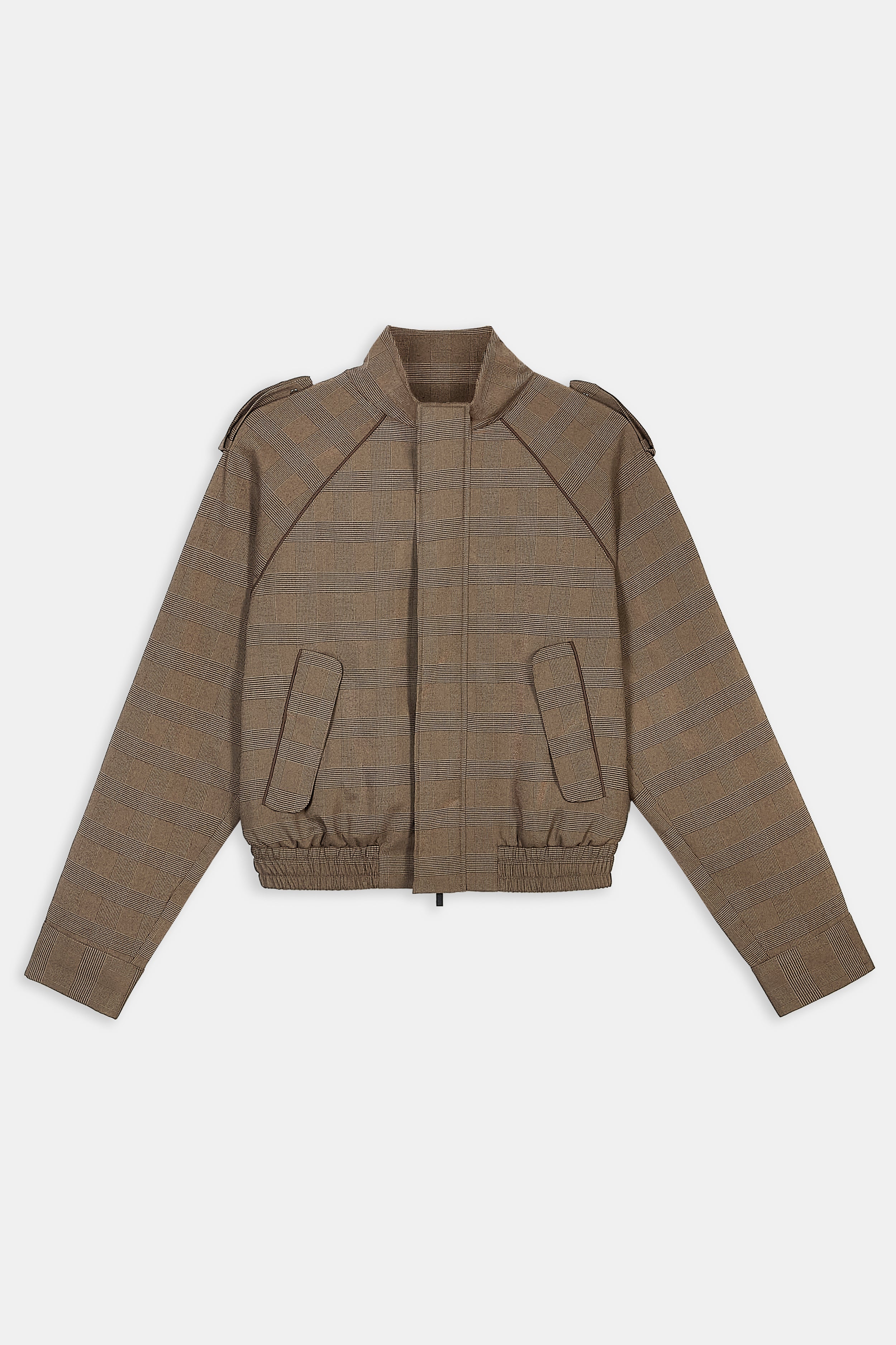Relaxed High Collar Bomber Jacket - Carob Check