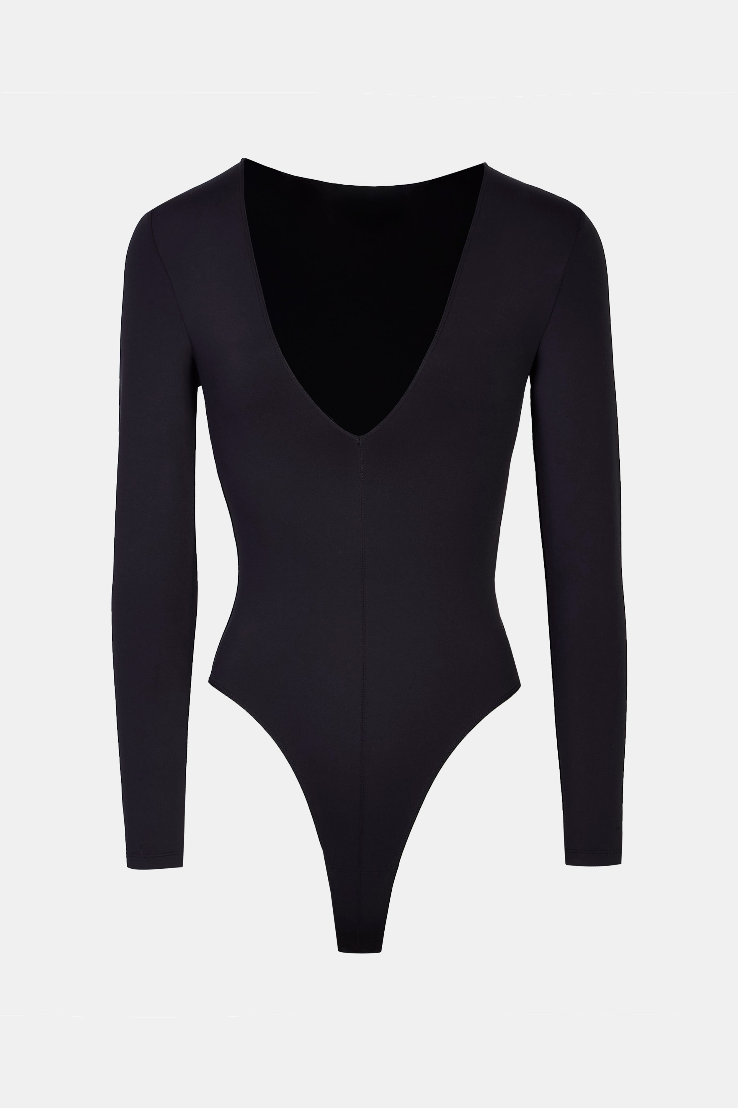 Longsleeve V Neck Plunge Bodysuit - Black