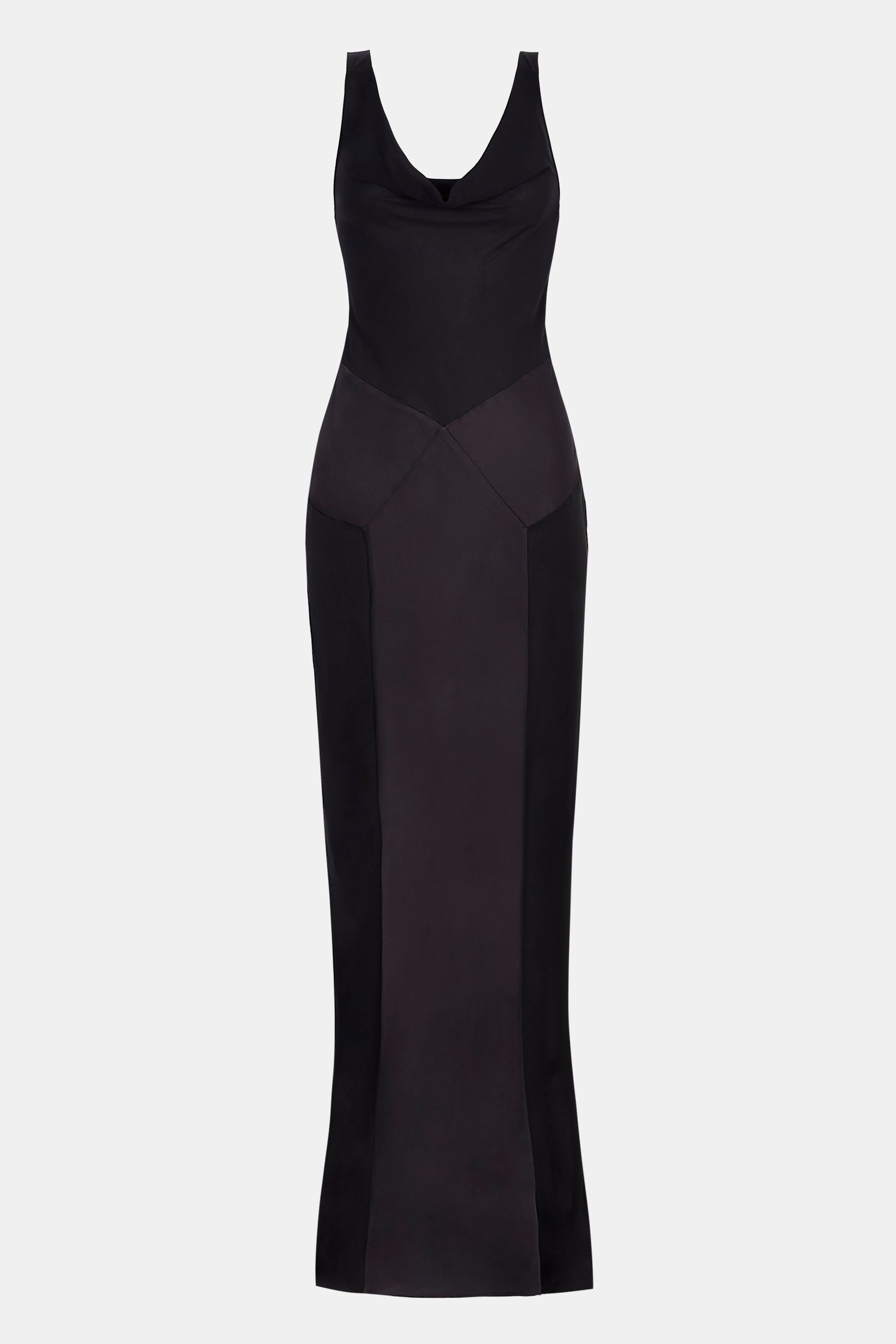 Cowl Neck Satin Panel Gown - Black