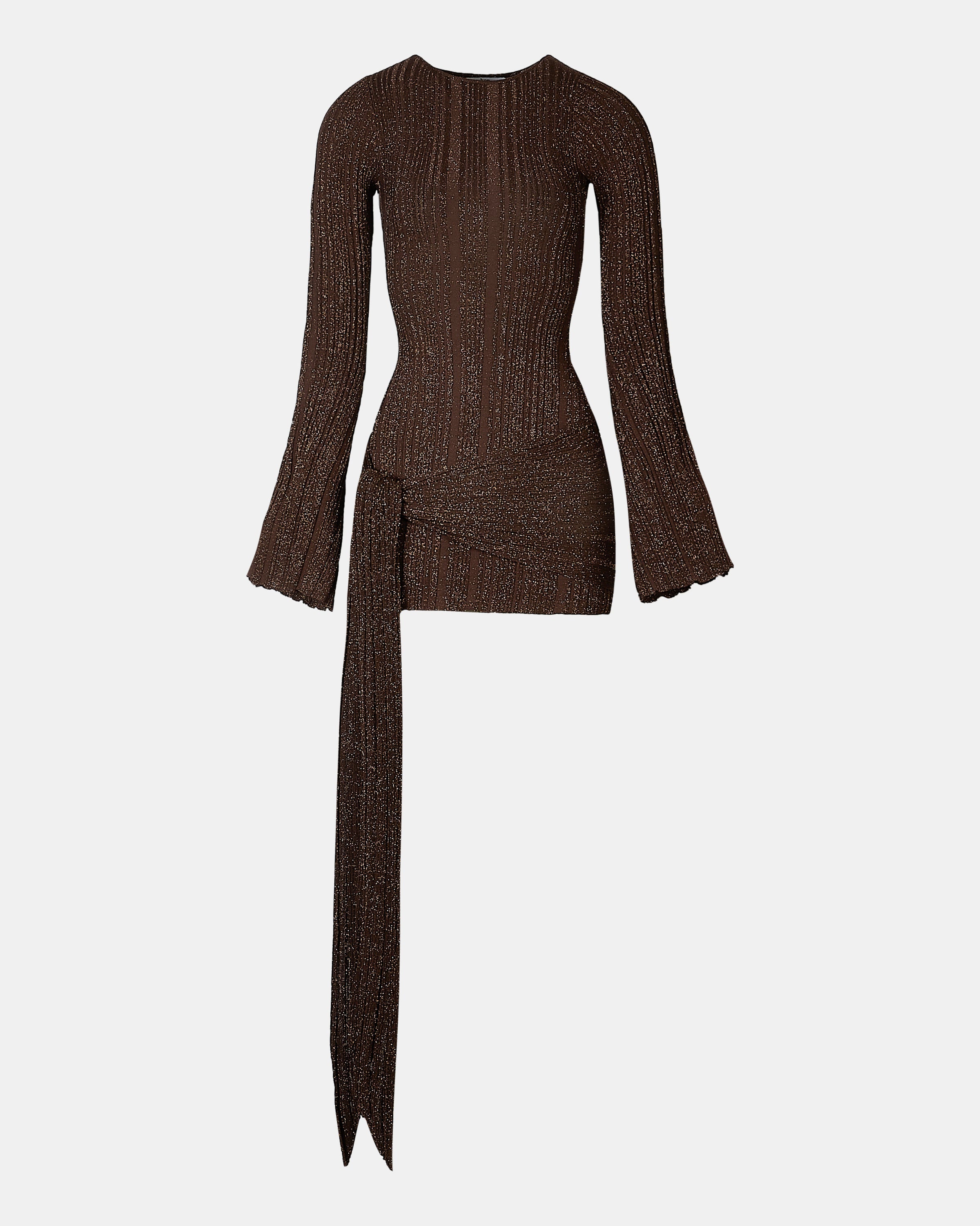 Fine Knit Gathered Longsleeve Mini Dress - Carob Shimmer