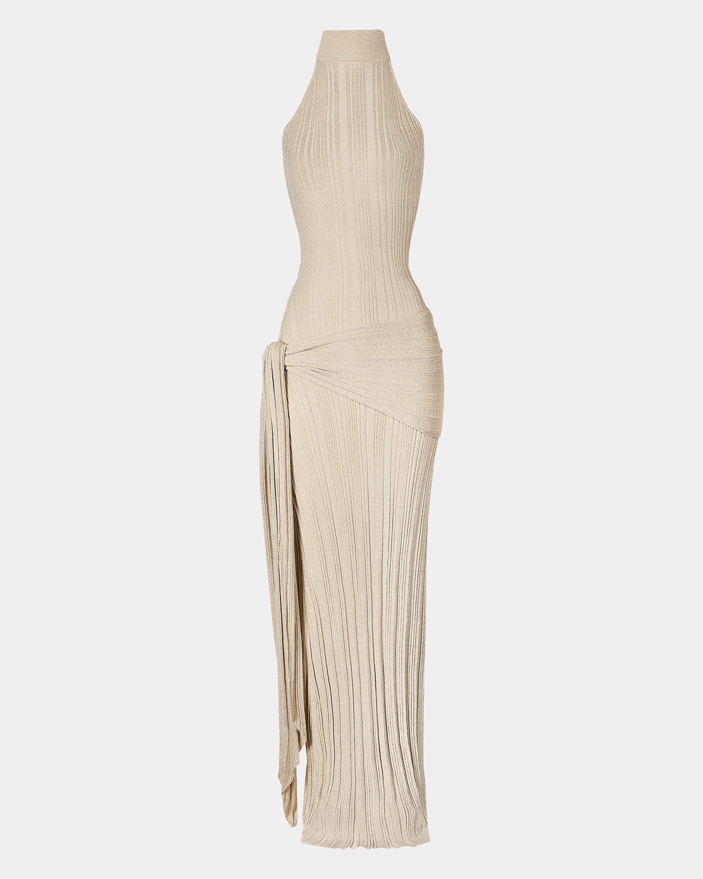 Fine Knit Gathered Halter Neck Maxi Dress - Champagne Shimmer