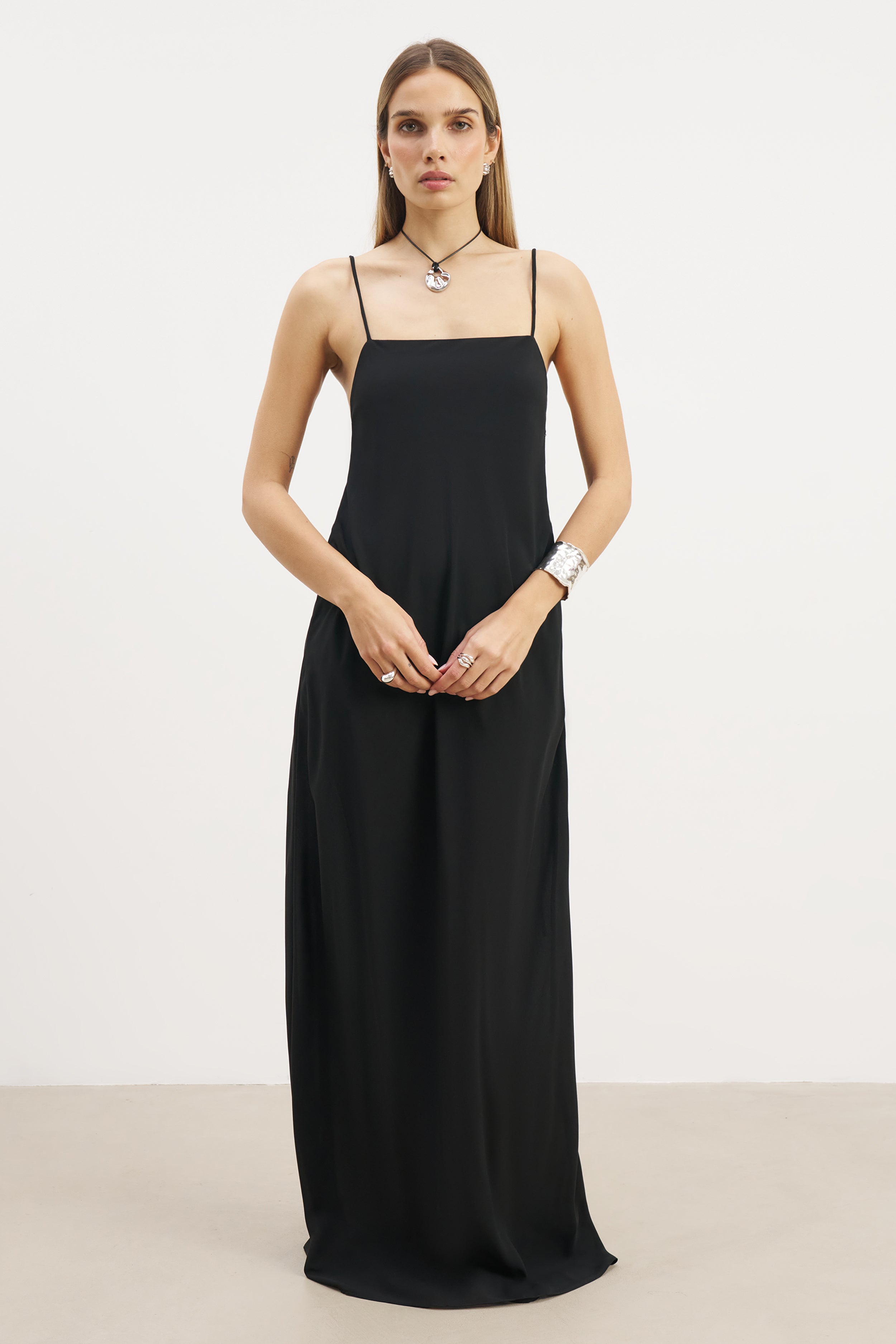 Tie Strap Chiffon Maxi Dress - Black