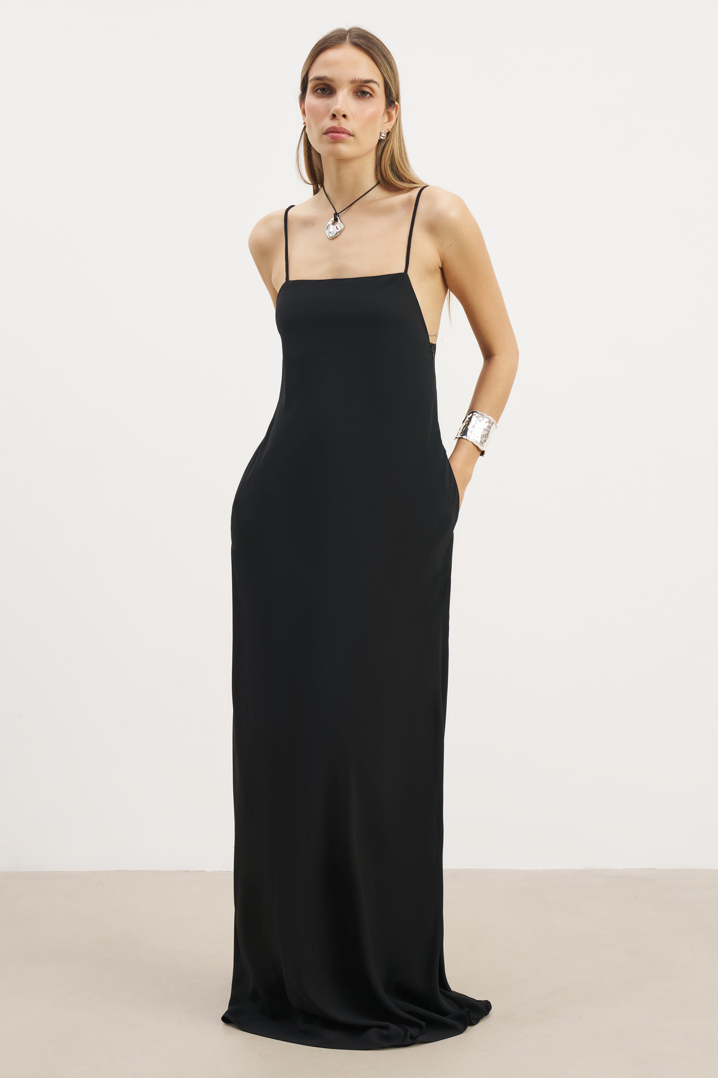 Tie Strap Chiffon Maxi Dress - Black
