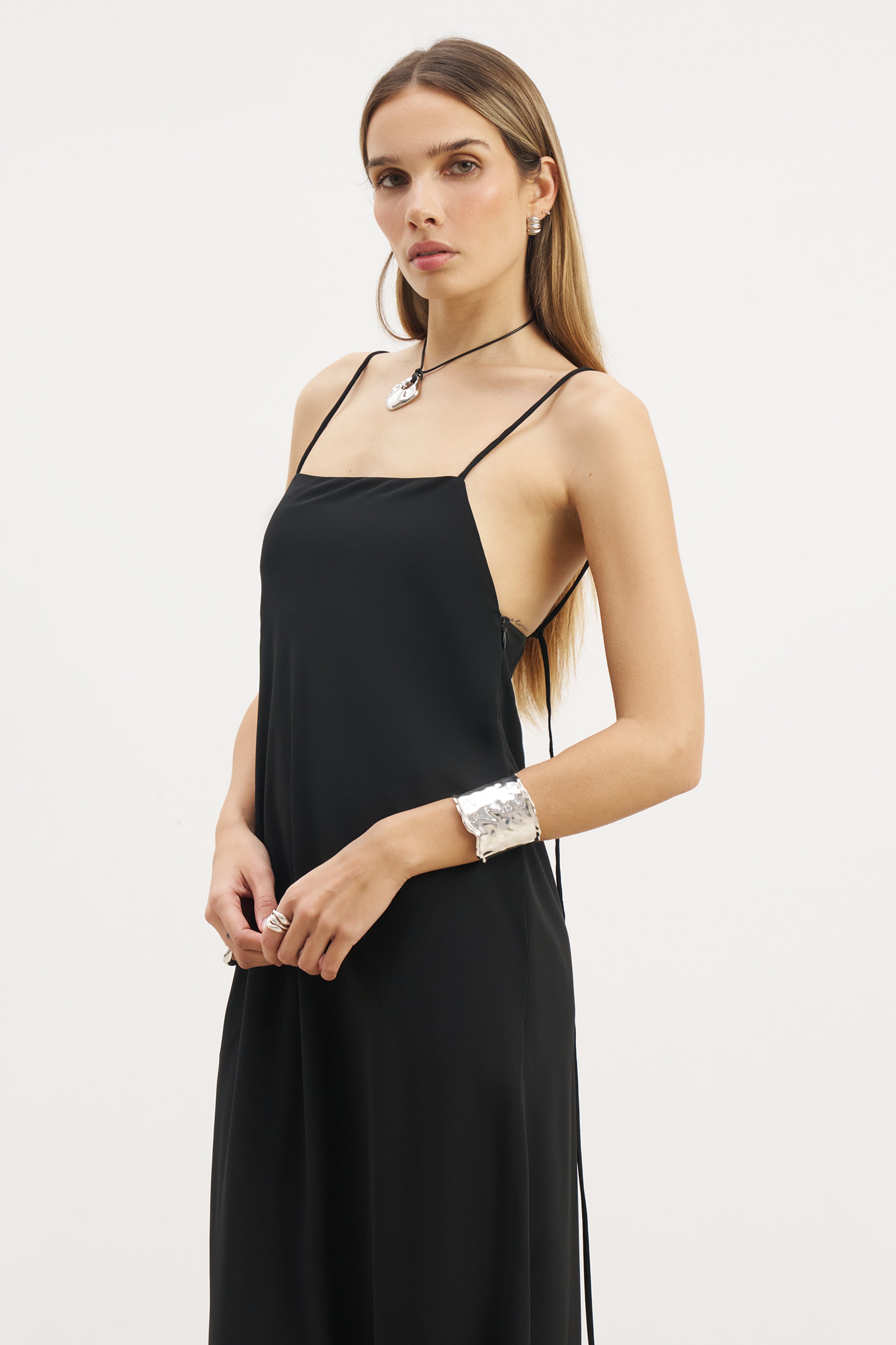 Tie Strap Chiffon Maxi Dress - Black