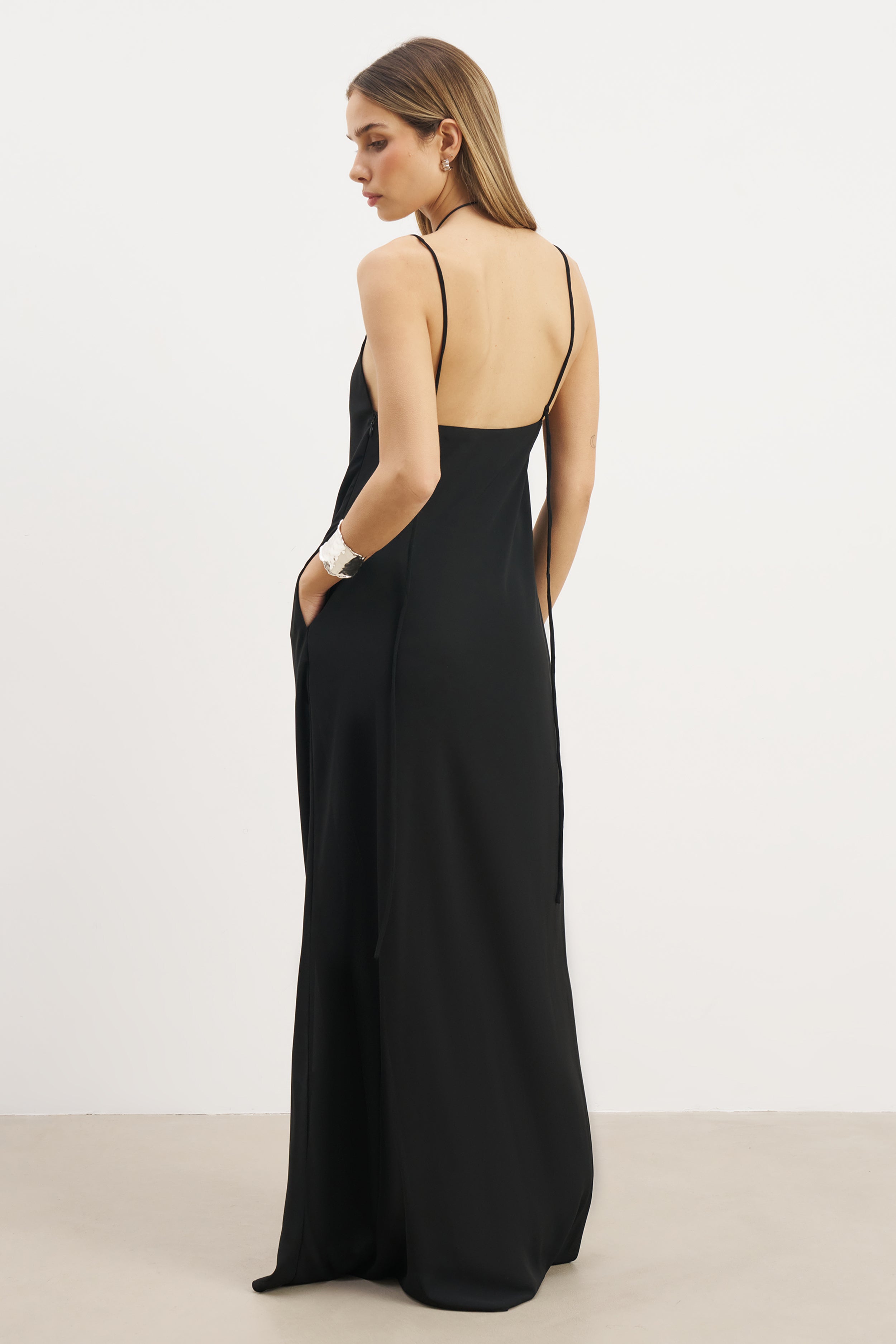 Tie Strap Chiffon Maxi Dress - Black