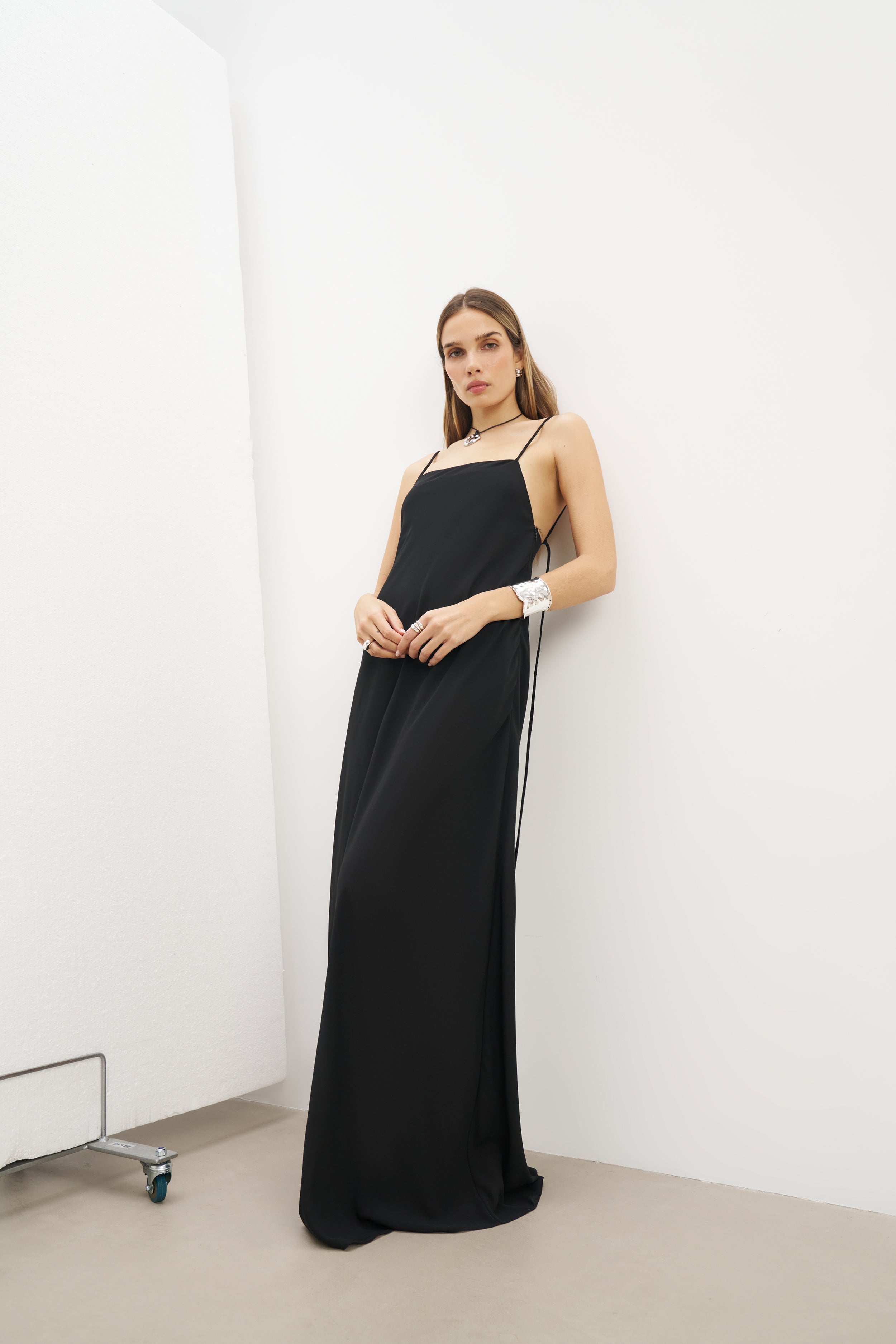 Tie Strap Chiffon Maxi Dress - Black
