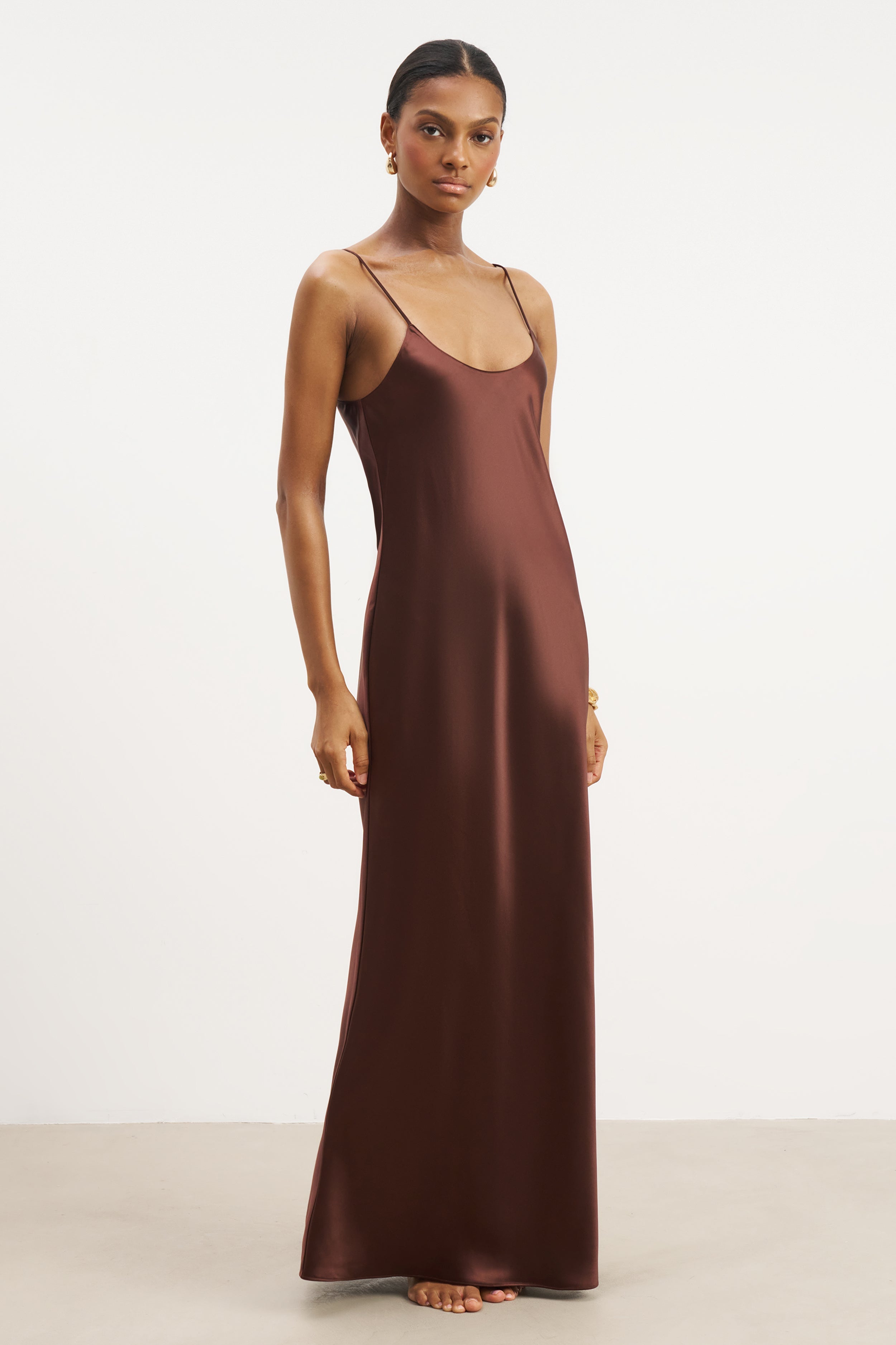 Satin Scoop Neck Camisole Maxi Dress - Carob