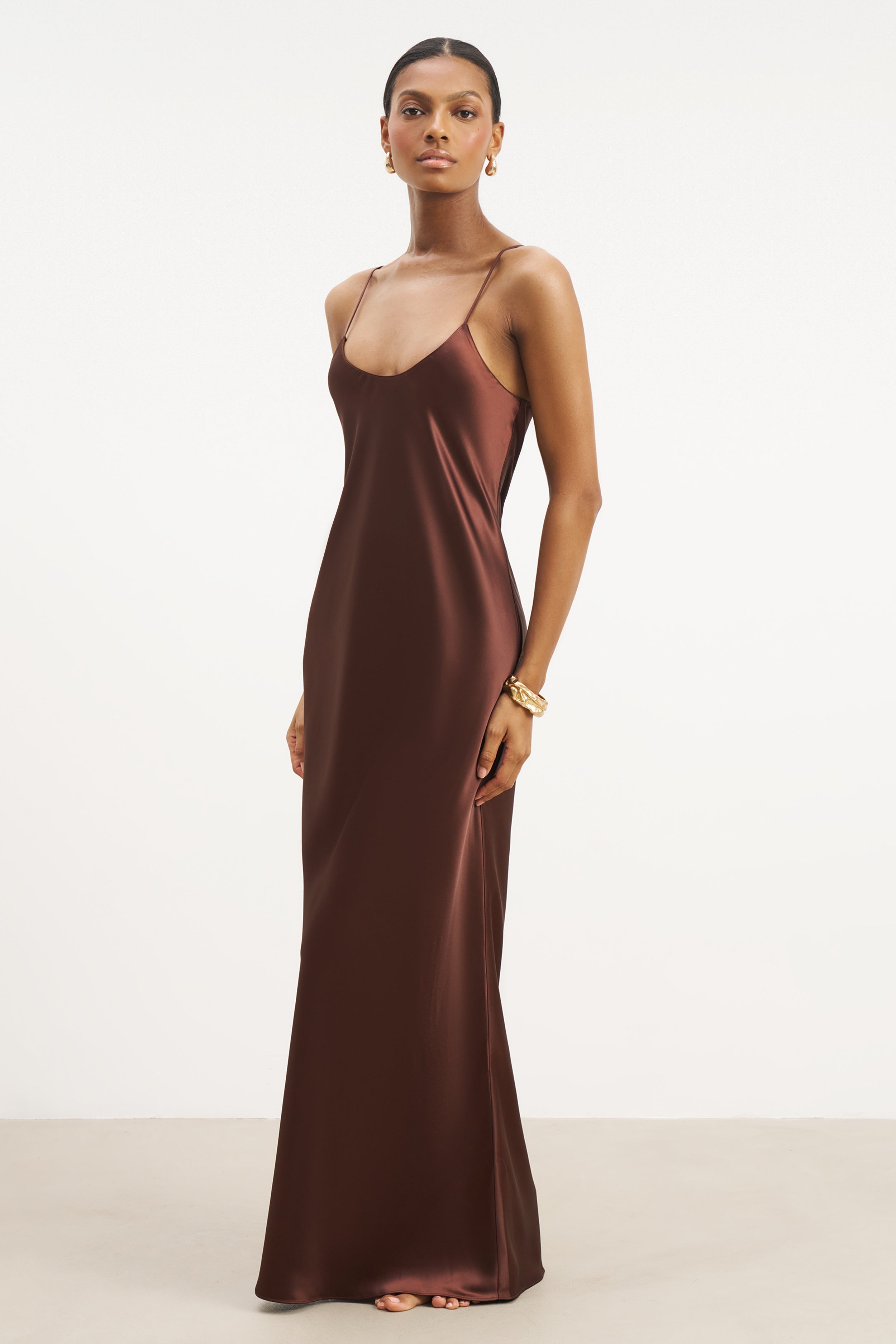 Satin Scoop Neck Camisole Maxi Dress - Carob