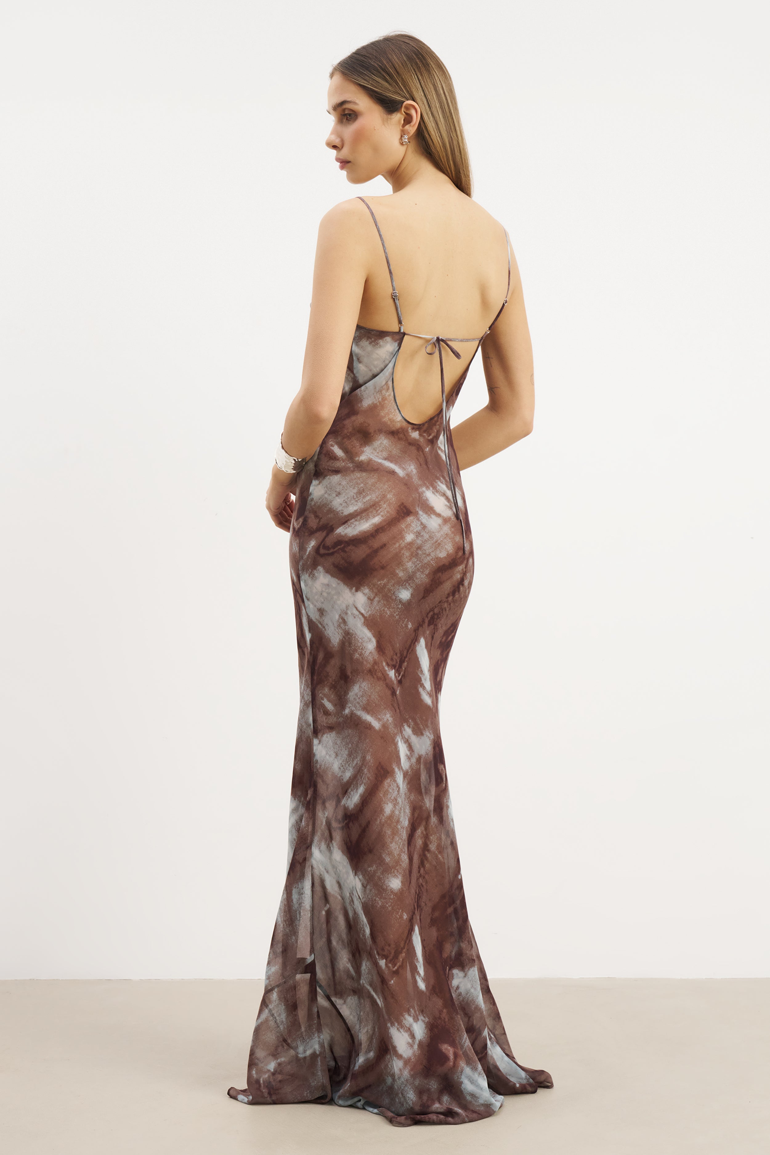 Ruched Chiffon Maxi Dress - Blue Marble