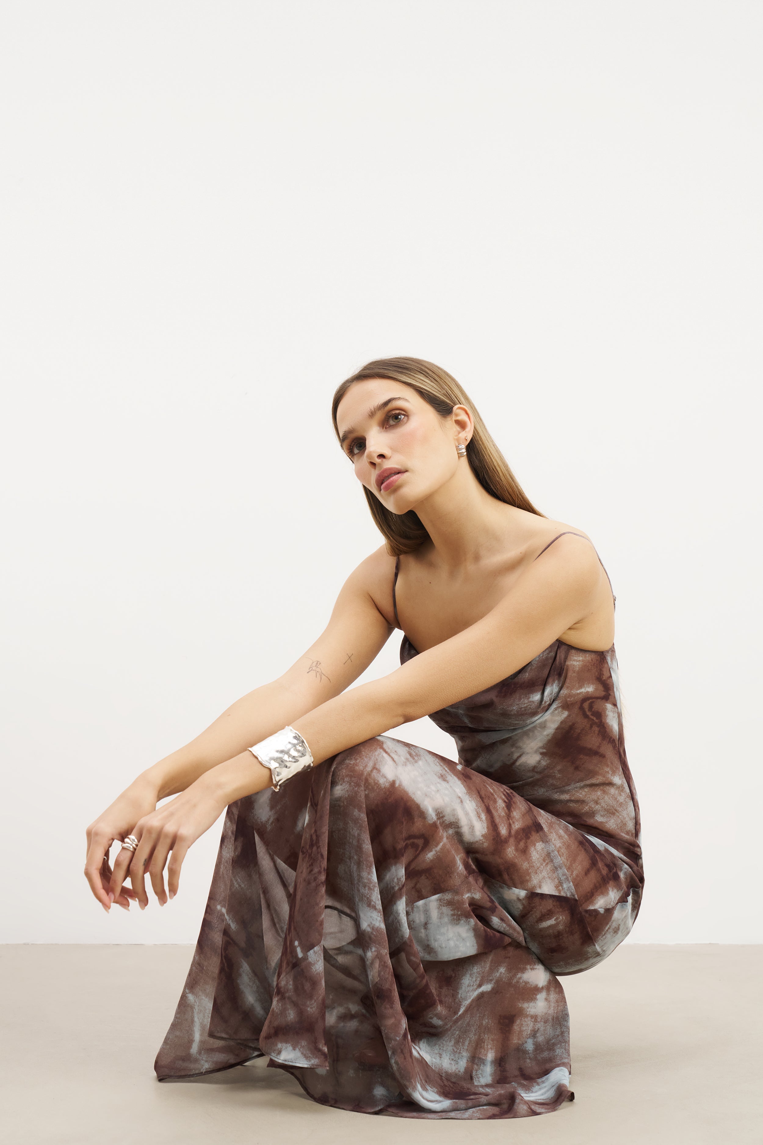 Ruched Chiffon Maxi Dress - Blue Marble