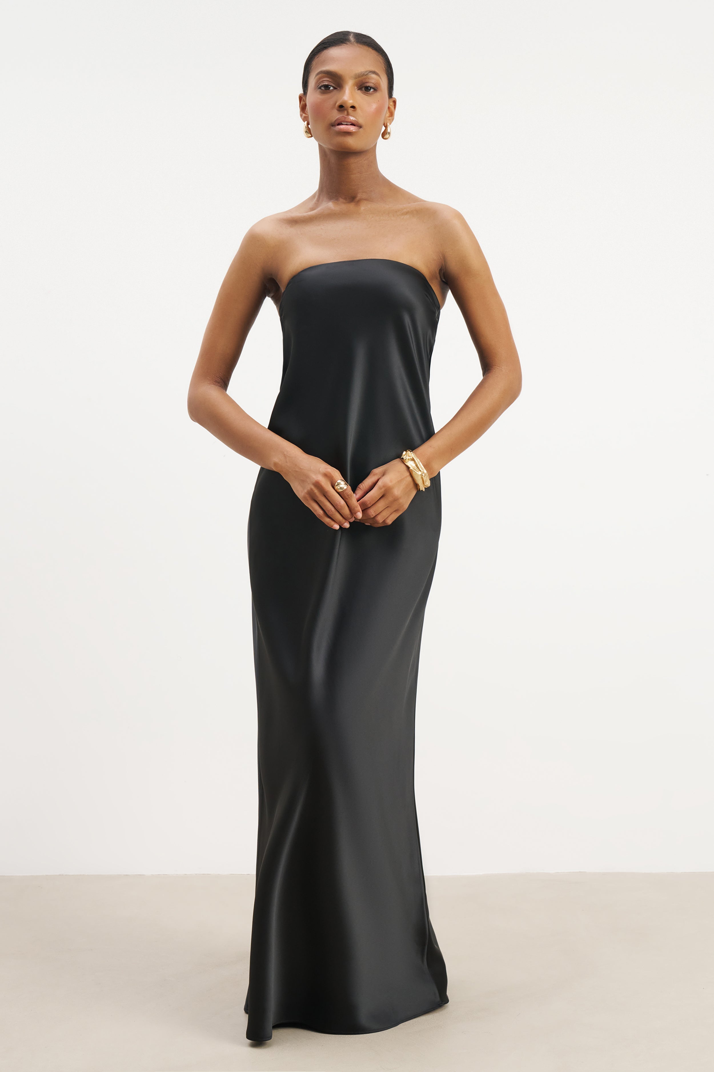 Satin Cowl Back Maxi Dress - Black