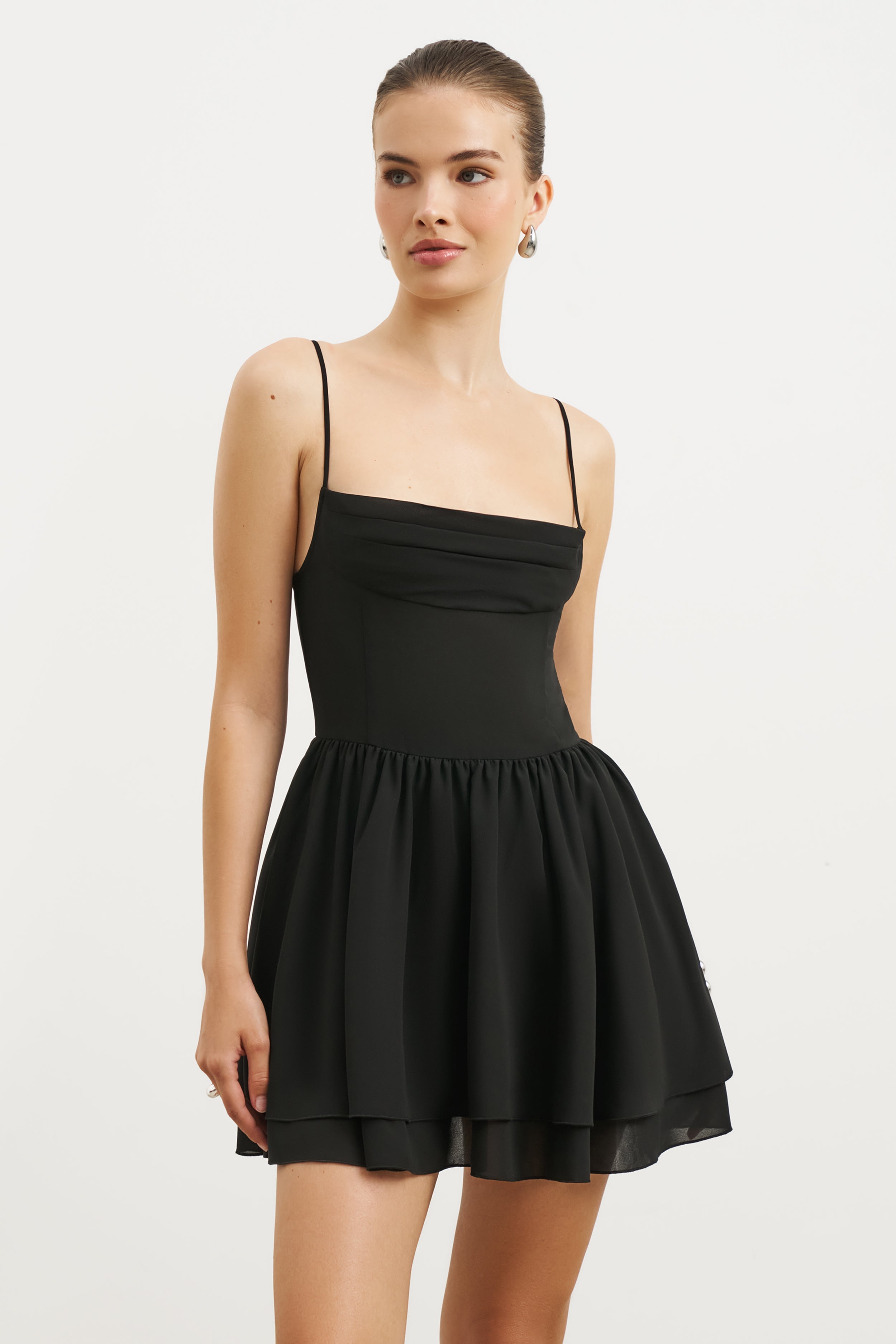 Chiffon Tiered Babydoll Mini Dress - Black