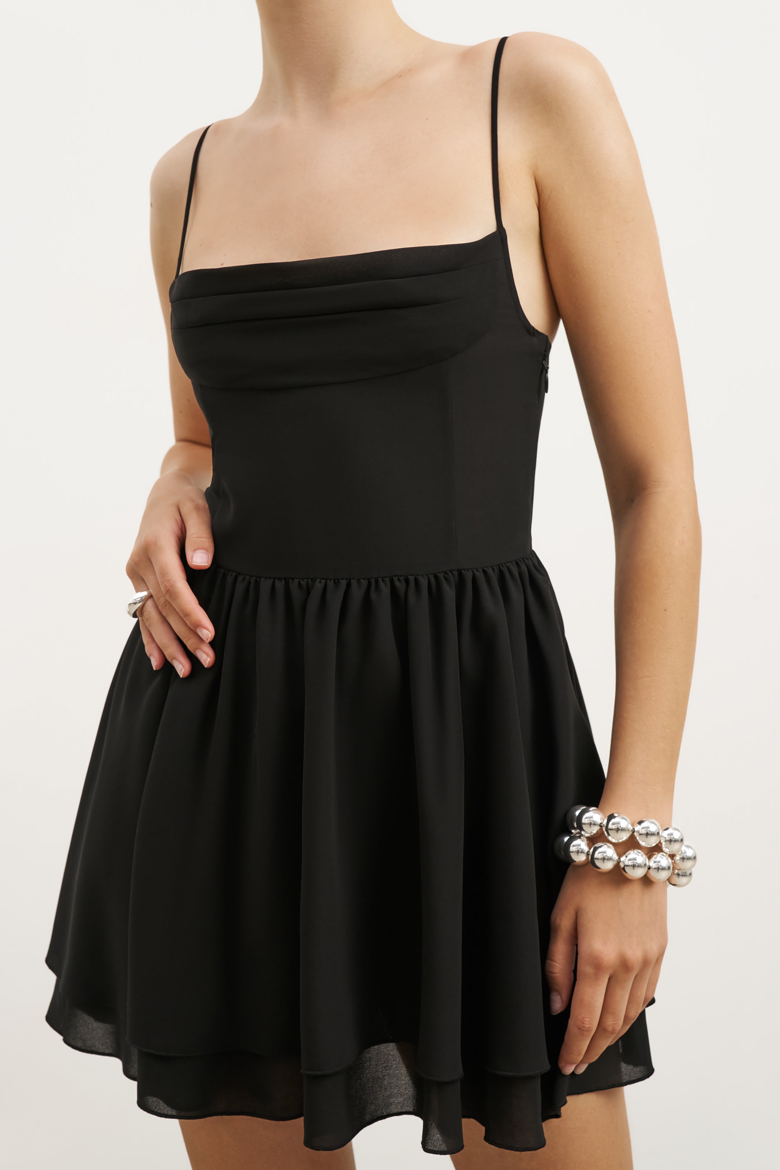 Chiffon Tiered Babydoll Mini Dress - Black