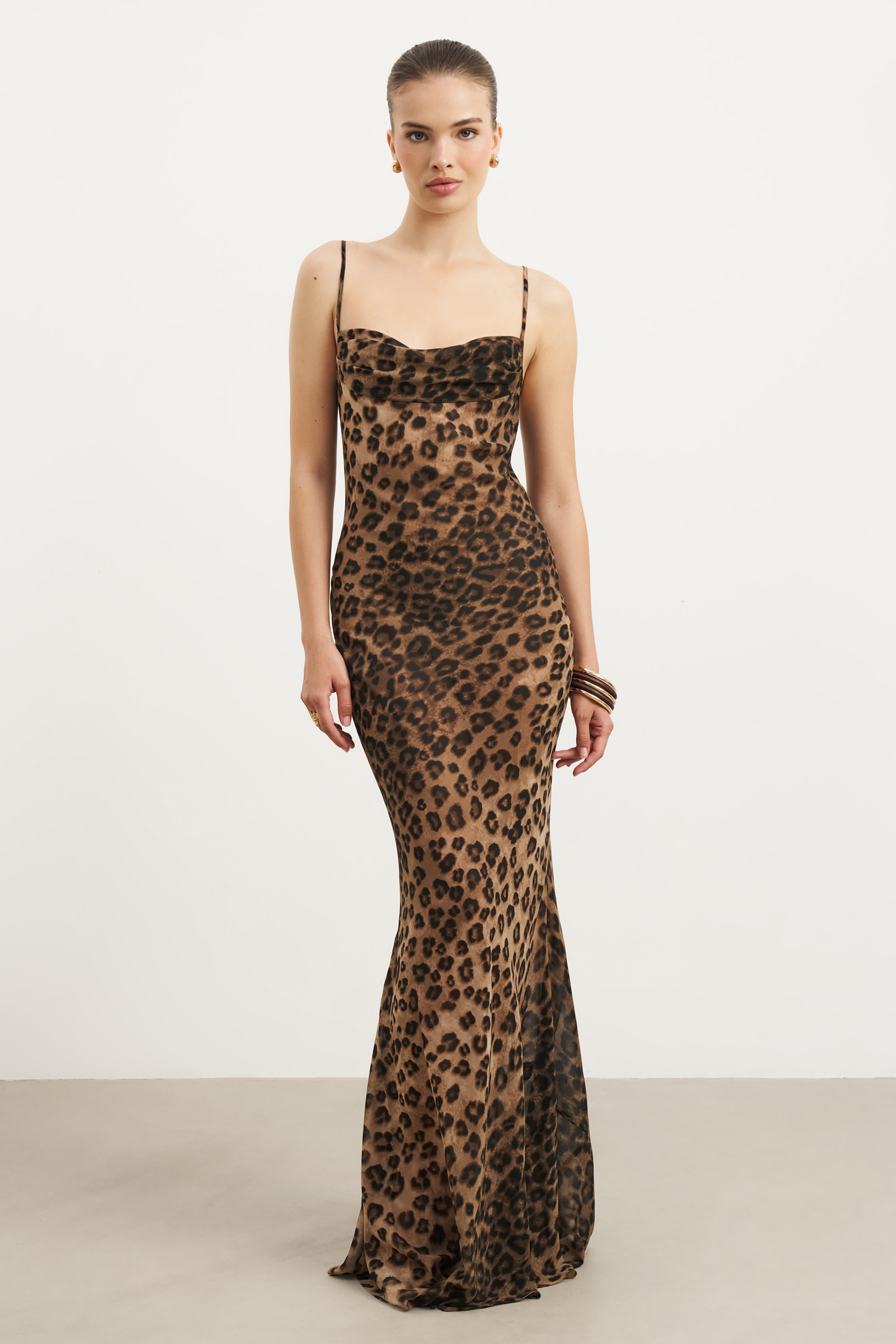 Ruched Chiffon Maxi Dress - Leopard Print