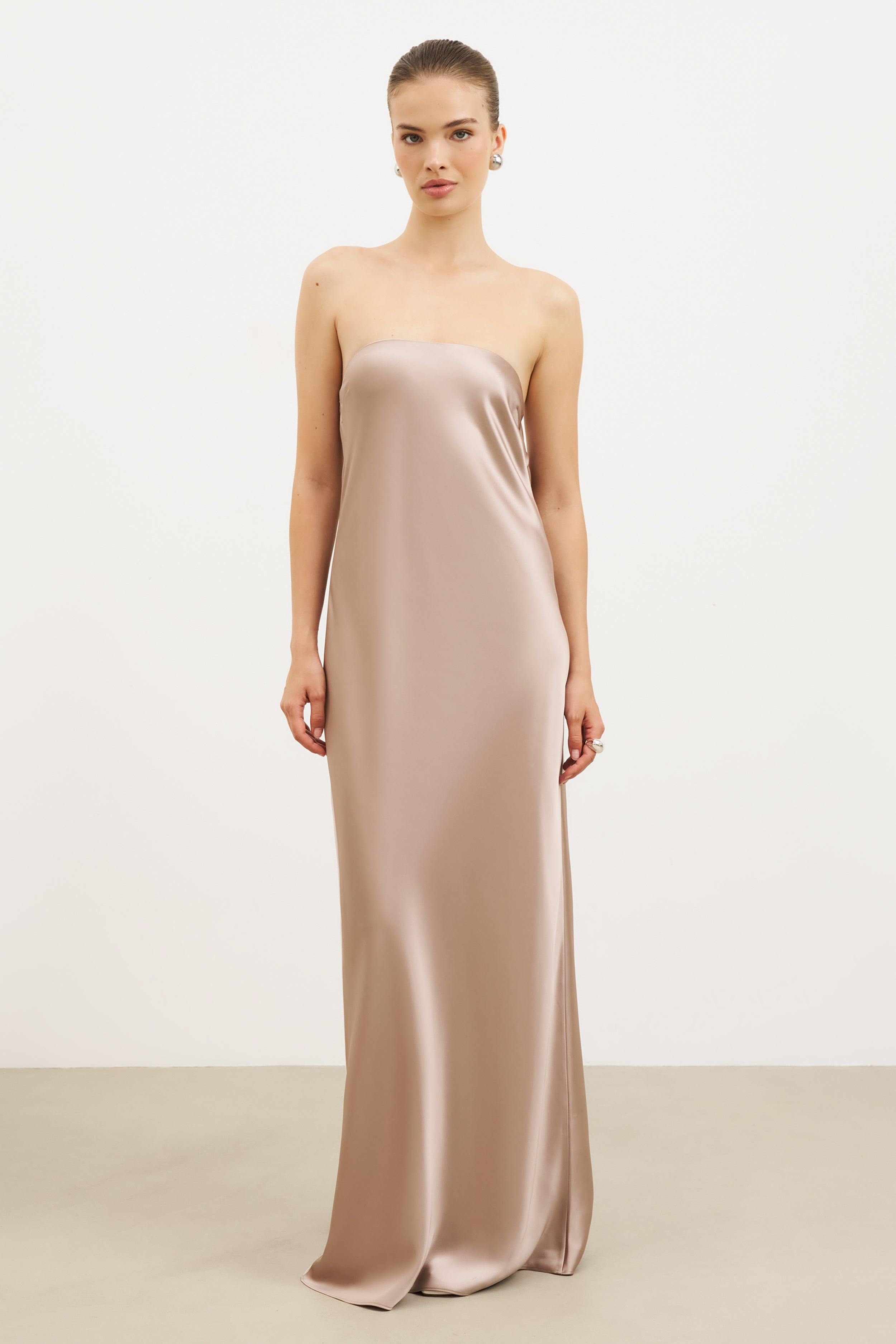 Satin Cowl Back Maxi Dress - Taupe